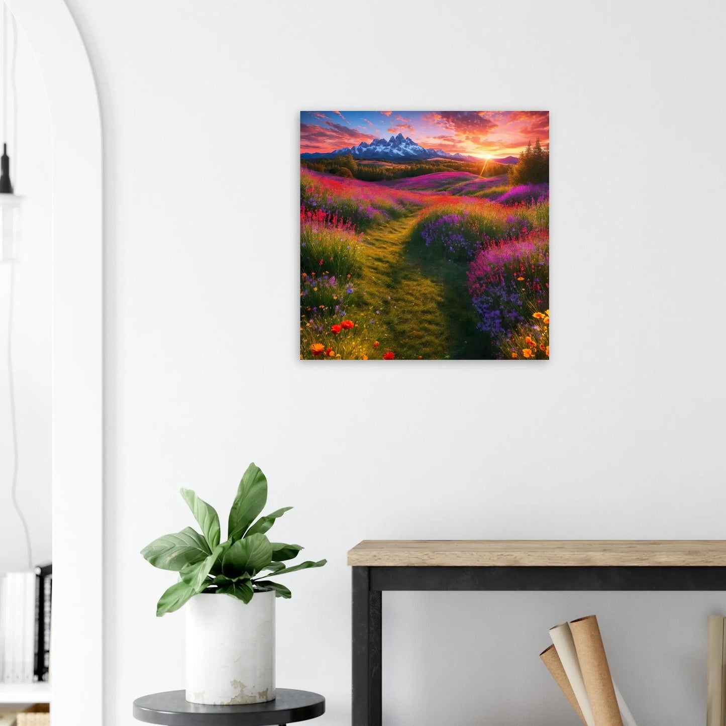 Moderner Forex-Druck - Blühende Berglandschaft - Foto Stil, KI-Kunst - RolConArt, Landschaften, 60x60-cm-24x24-Weiß