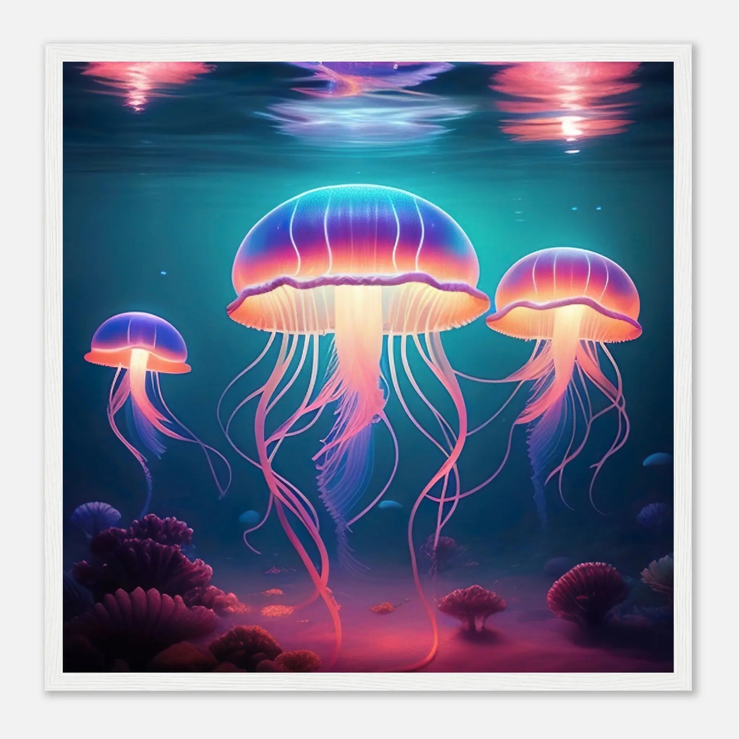 Gerahmtes Premium-Poster - Quallen - Digitaler Stil, KI-Kunst - RolConArt, Unterwasserlandschaften, 50x50-cm-20x20-Weißer-Rahmen