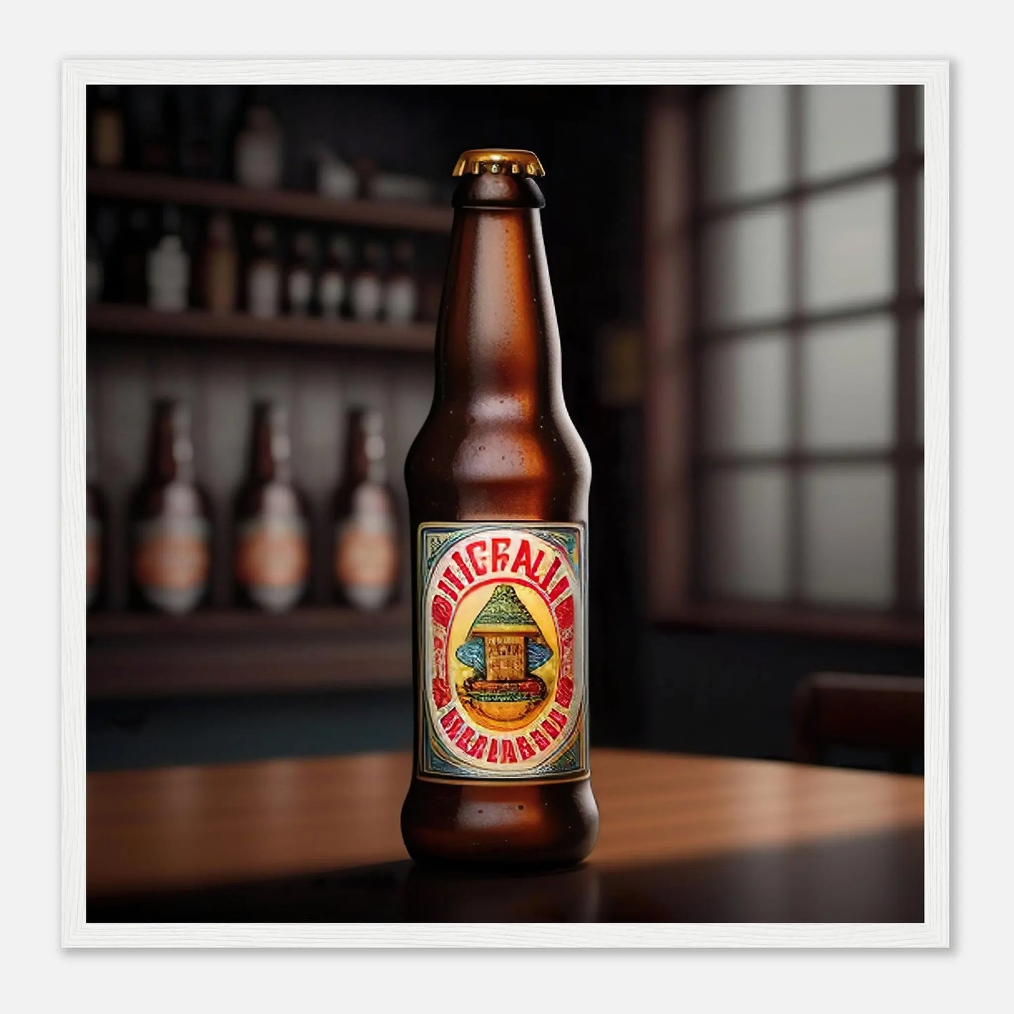 Gerahmtes Premium-Poster - Bierflasche - Foto Stil, KI-Kunst - RolConArt, Kreative Vielfalt, 50x50-cm-20x20-Weißer-Rahmen