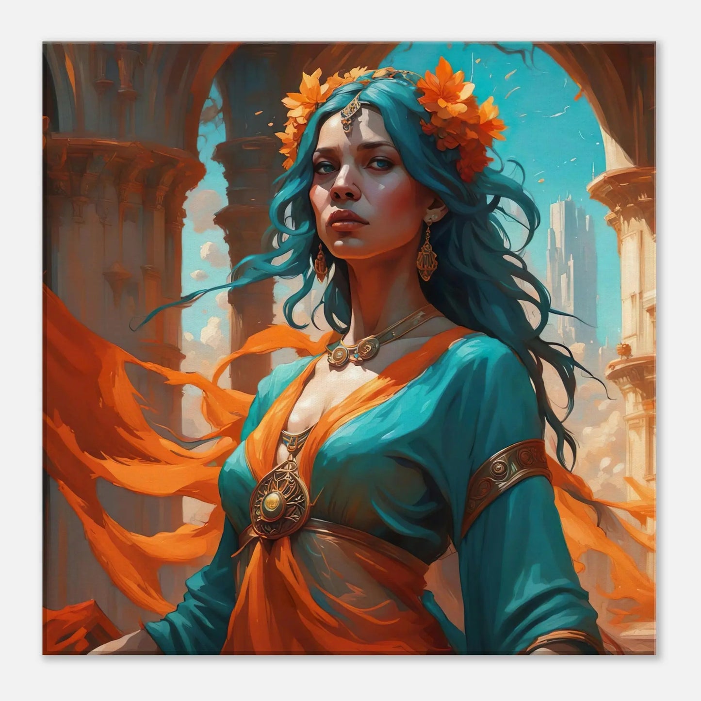 Leinwandbild - Frau in Magischer Umgebung - Malerischer Stil, KI-Kunst - RolConArt, Malerischer Stil - Porträts, 50x50-cm-20x20