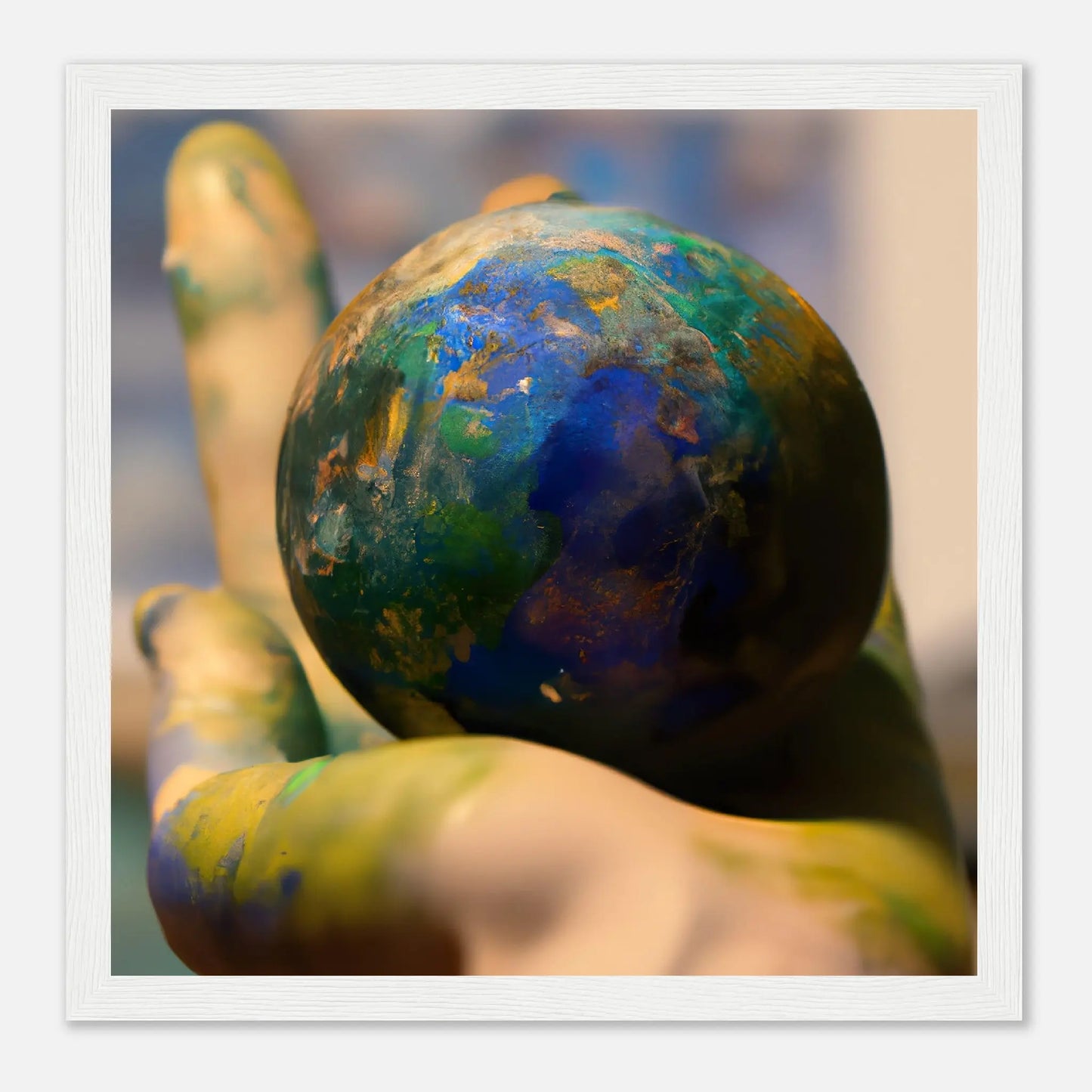 Gerahmtes Premium-Poster - Planet in der Hand - Foto Stil, KI-Kunst - RolConArt, Fotokunst - Kreative Vielfalt, 30x30-cm-12x12-Weiß