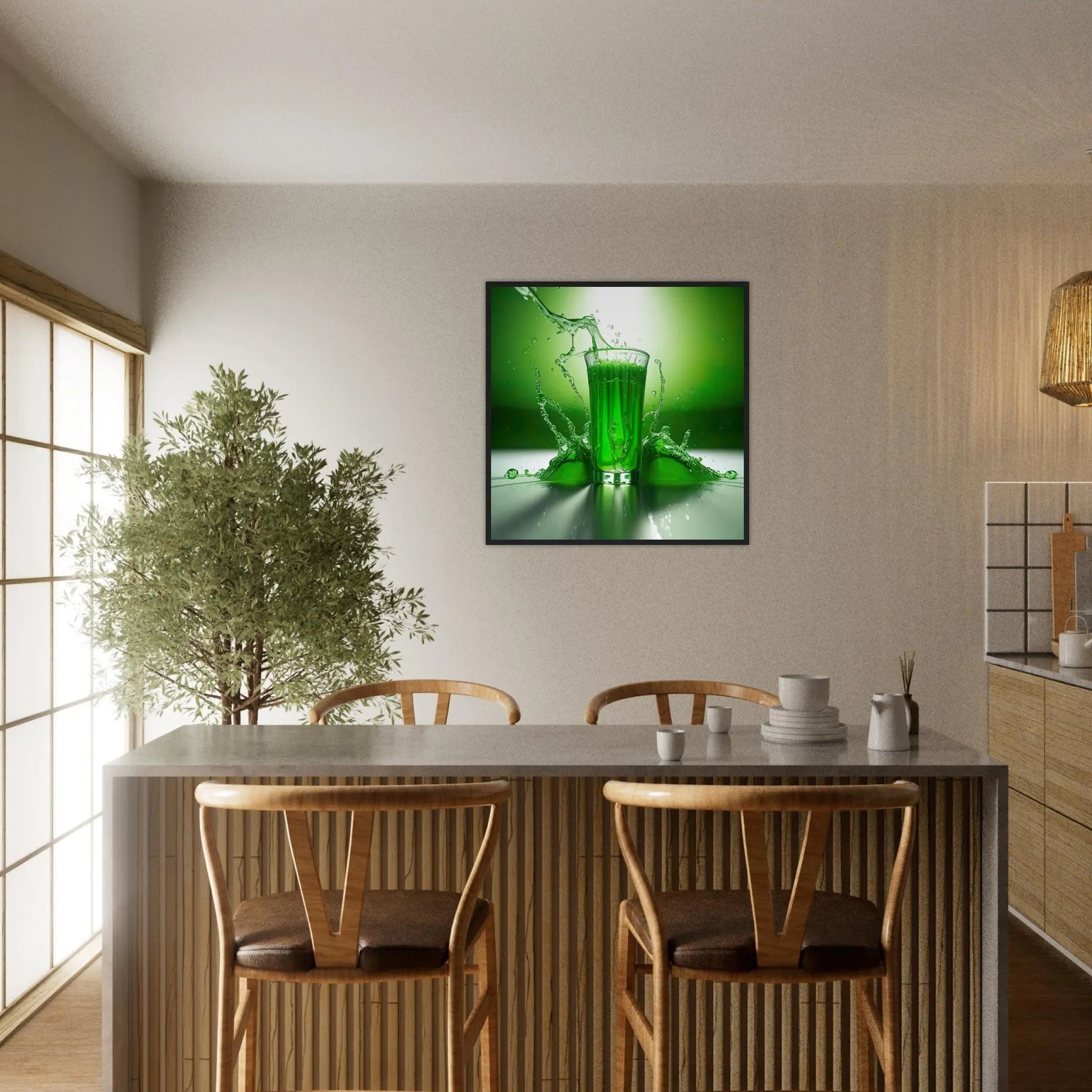 Gerahmtes Premium-Poster - Glas mit grünem Trank - Foto Stil, KI-Kunst - RolConArt, Kreative Vielfalt,