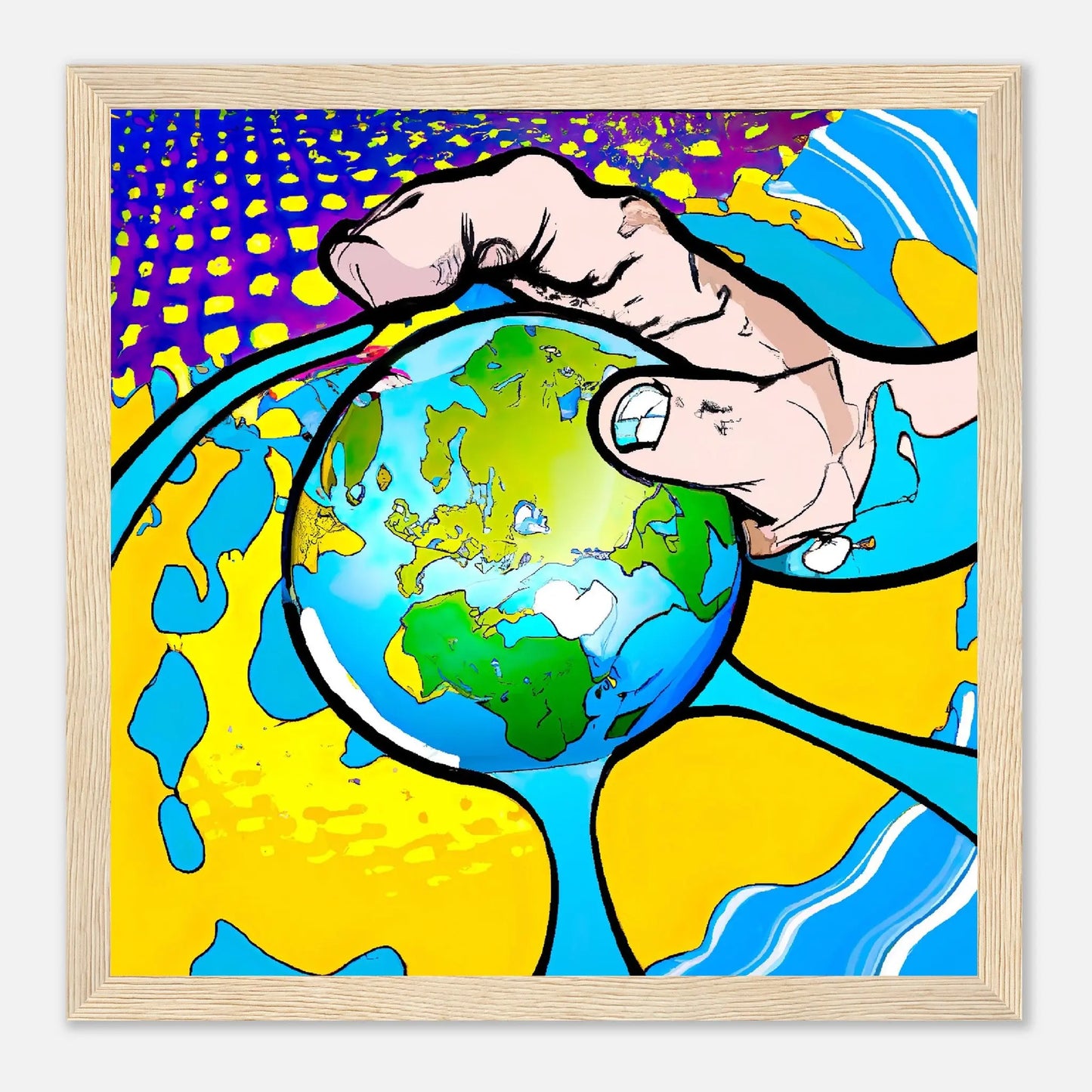Gerahmtes Premium-Poster - Planet in der Hand - Cartoon Stil, KI-Kunst - RolConArt, Cartoon, 30x30-cm-12x12-Holz