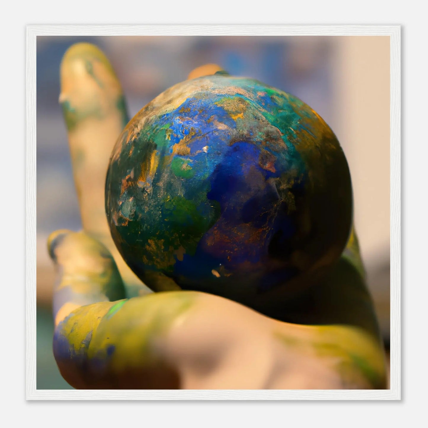 Gerahmtes Premium-Poster - Planet in der Hand - Foto Stil, KI-Kunst - RolConArt, Fotokunst - Kreative Vielfalt, 50x50-cm-20x20-Weiß