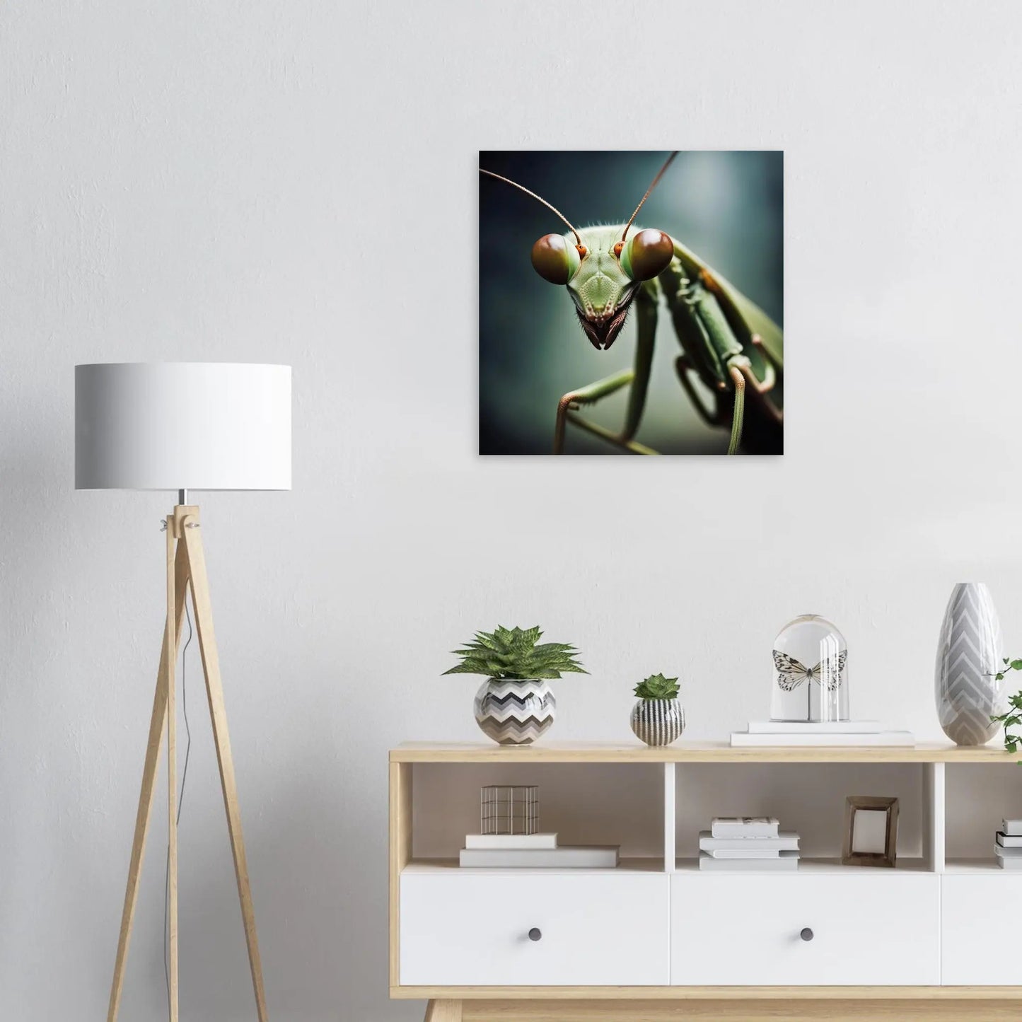 Moderner Forex-Druck - Gottesanbeterin - Foto Stil, KI-Kunst RolConArt