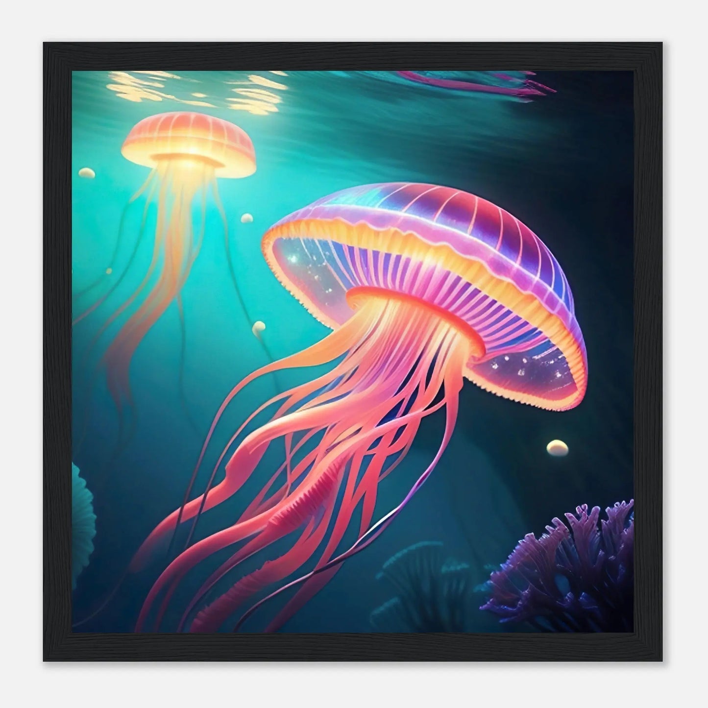 Gerahmtes Premium-Poster - Quallen - Digitaler Stil, KI-Kunst - RolConArt, Unterwasserlandschaften, 30x30-cm-12x12-Schwarzer-Rahmen