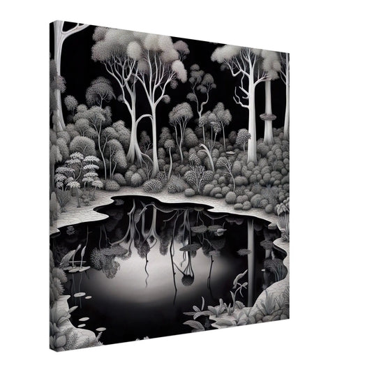 Leinwandbild -Garten mit Teich- Schwarz-Weiß, Digitaler Stil, KI-Kunst - RolConArt, Schwarz-Weiß,