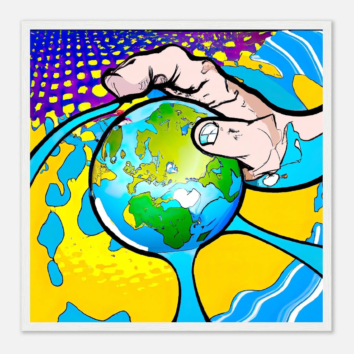 Gerahmtes Premium-Poster - Planet in der Hand - Cartoon Stil, KI-Kunst - RolConArt, Cartoon, 50x50-cm-20x20-Weiß