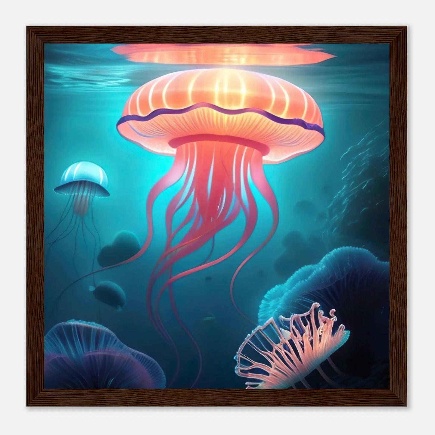 Gerahmtes Premium-Poster - Quallen - Digitaler Stil, KI-Kunst - RolConArt, Unterwasserlandschaften, 30x30-cm-12x12-Dunkler-Holzrahmen