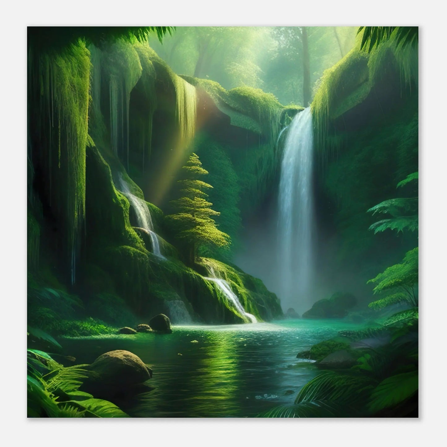 Moderner Forex-Druck - Wasserfall im Wald - Foto Stil, KI-Kunst - RolConArt, Landschaften,
