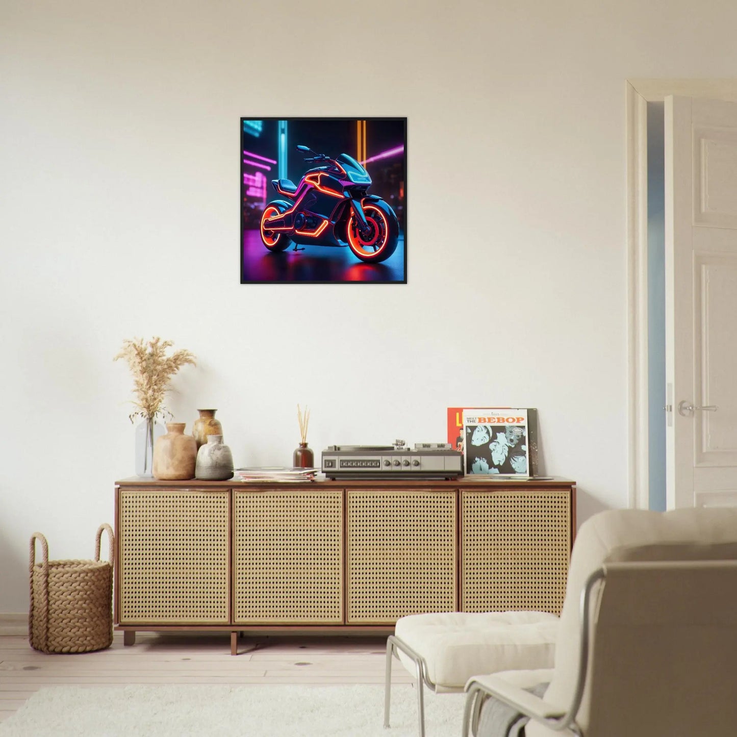 Gerahmtes Premium-Poster -Futuristisches Motorrad- Neon Stil, KI-Kunst - RolConArt, Neon,
