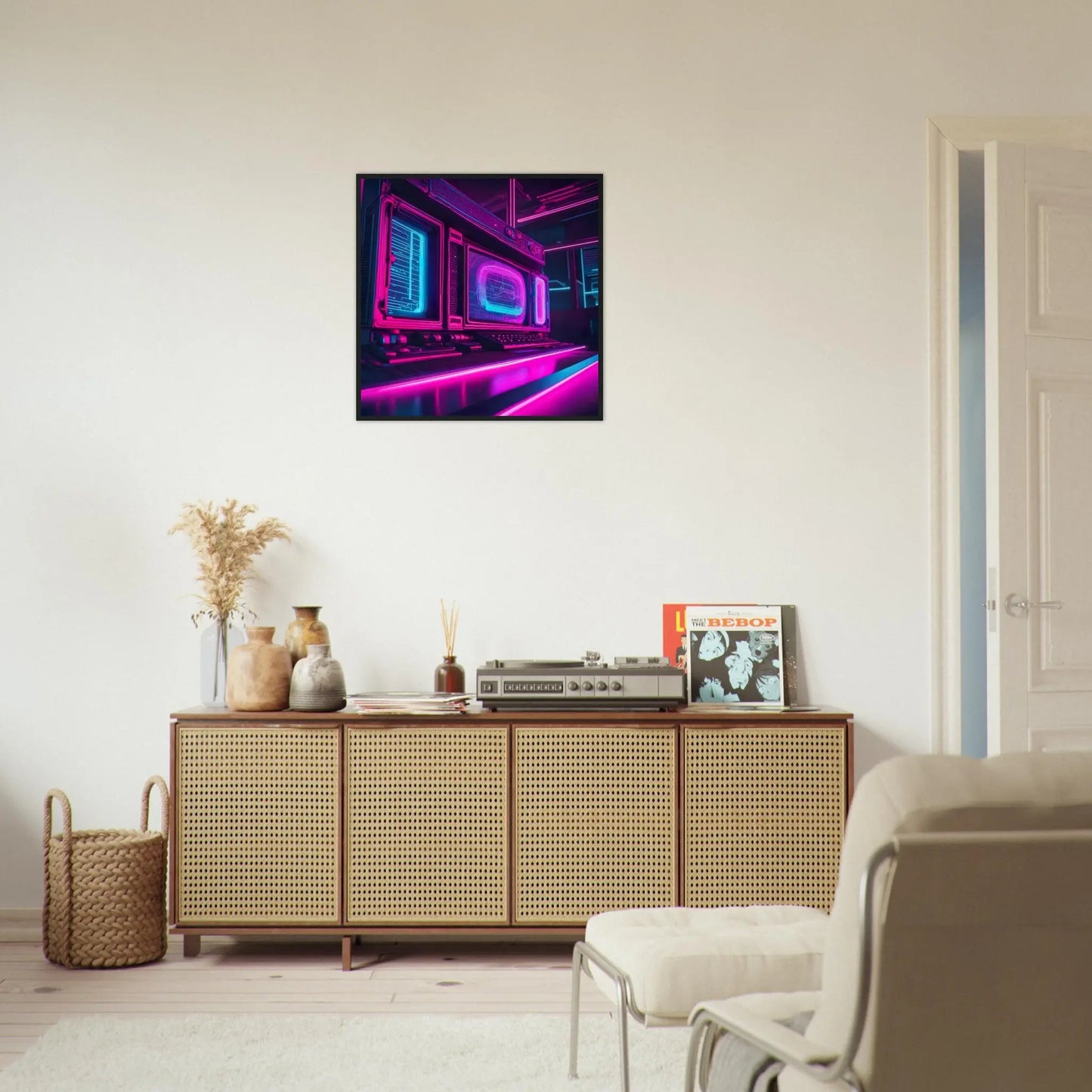 Gerahmtes Premium-Poster - Retro Computer - Neon Stil, KI-Kunst - RolConArt, Neon,