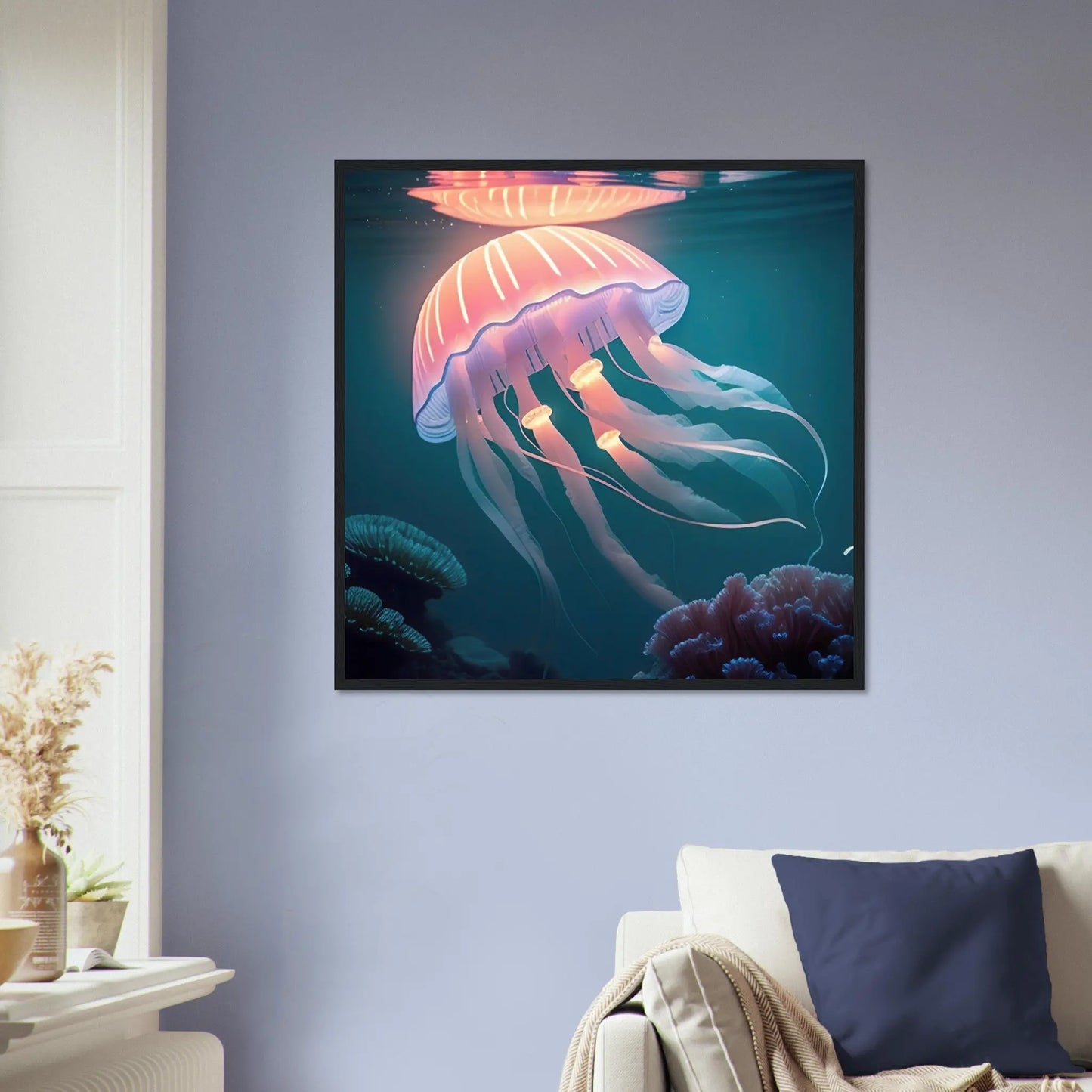 Gerahmtes Premium-Poster - Qualle - Digitaler Stil, KI-Kunst - RolConArt, Unterwasserlandschaften,