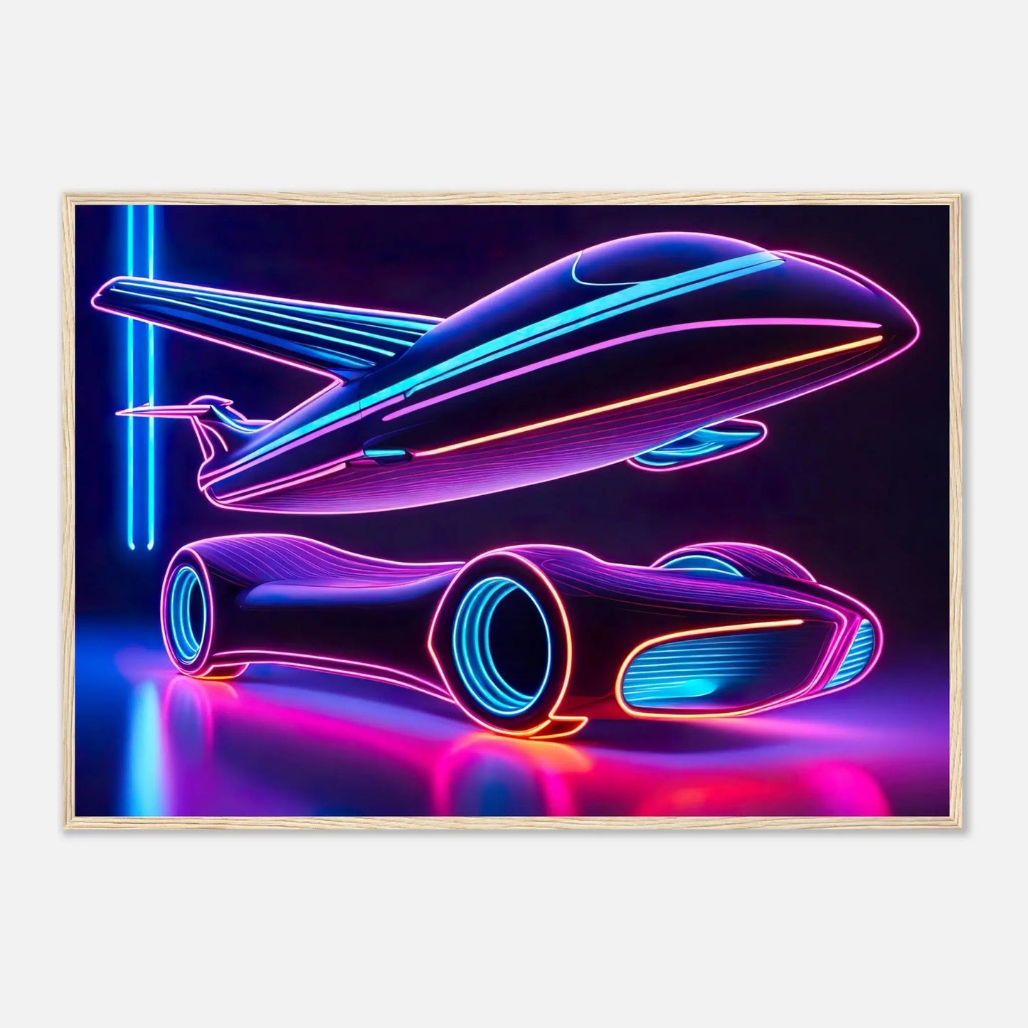 Gerahmtes Premium-Poster -Futuristisches Fahrzeug- Neon Stil, KI-Kunst - RolConArt, Neon, 70x100-cm-28x40-Holzrahmen