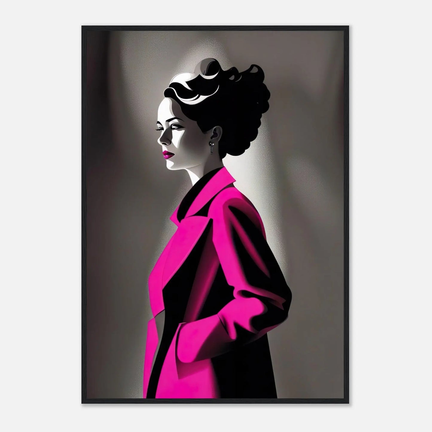 Gerahmtes Premium-Poster - Frau im rosa Mantel - Schwarz-Weiß, KI-Kunst - RolConArt, Schwarz-Weiß mit Akzentfarben, 70x100-cm-28x40-Schwarzer-Rahmen