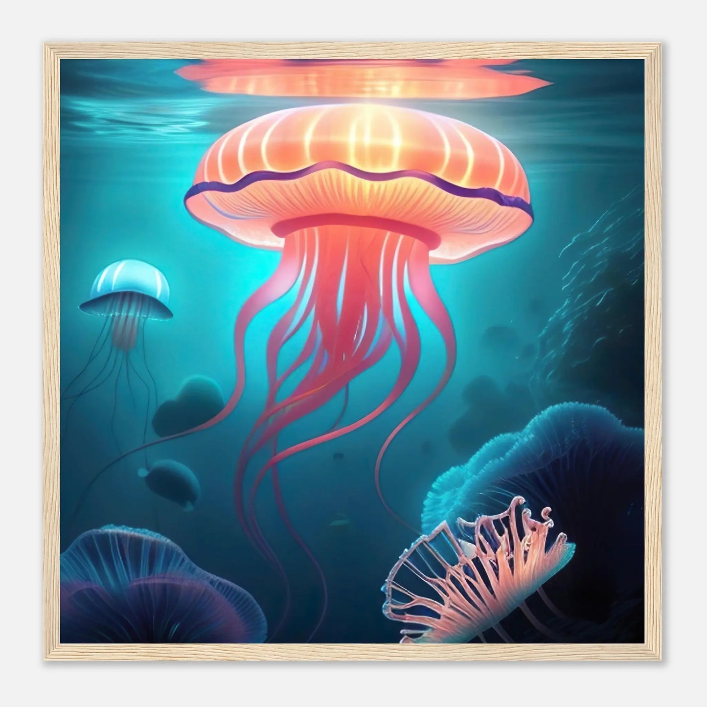 Gerahmtes Premium-Poster - Quallen - Digitaler Stil, KI-Kunst - RolConArt, Unterwasserlandschaften, 50x50-cm-20x20-Holzrahmen