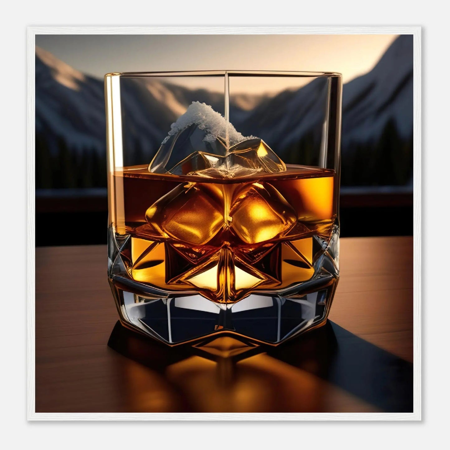 Gerahmtes Premium-Poster - Whiskey im Glas - Foto Stil, KI-Kunst - RolConArt, Kreative Vielfalt, 70x70-cm-28x28-Weißer-Rahmen