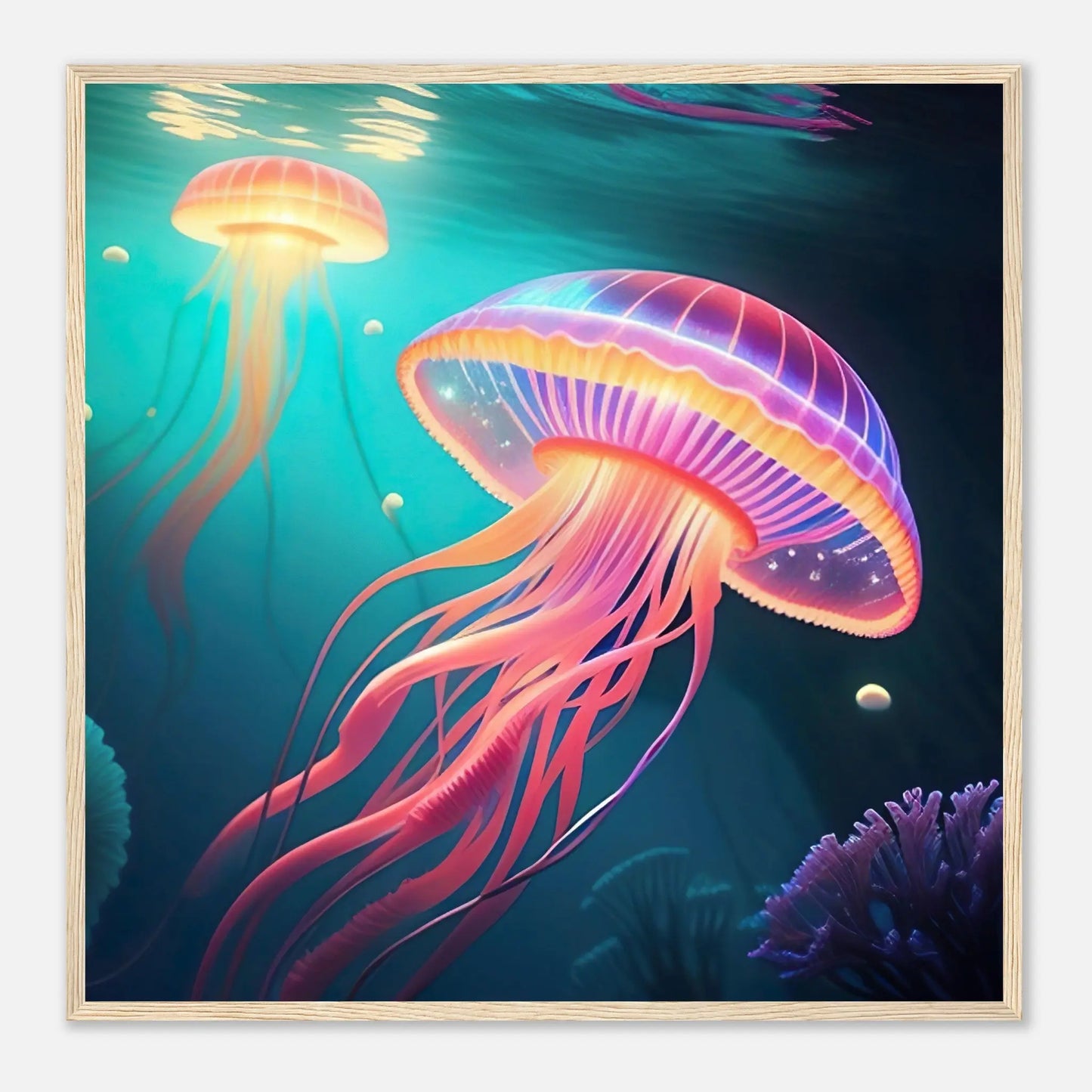Gerahmtes Premium-Poster - Quallen - Digitaler Stil, KI-Kunst - RolConArt, Unterwasserlandschaften, 70x70-cm-28x28-Holzrahmen