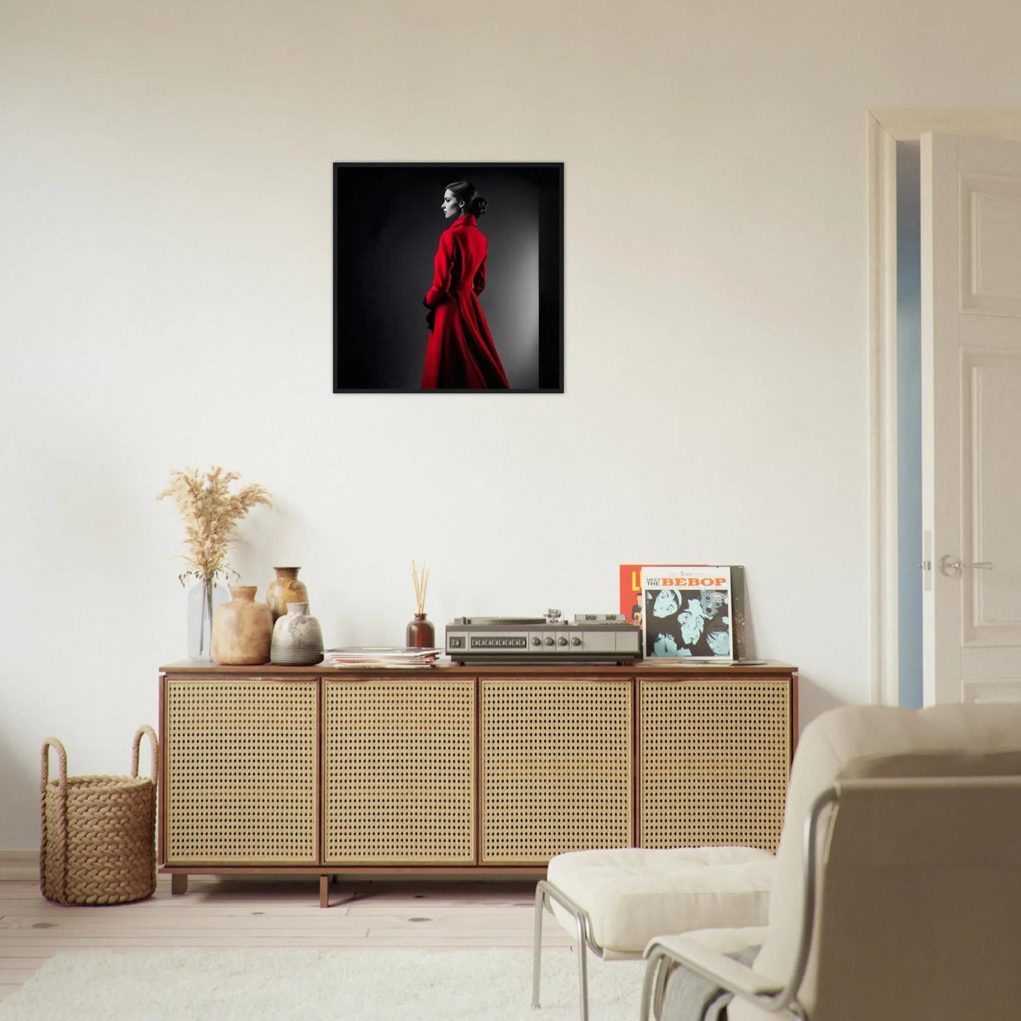 Gerahmtes Premium-Poster - Frau im roten Mantel - Schwarz-Weiß, KI-Kunst - RolConArt, Schwarz-Weiß mit Akzentfarben,