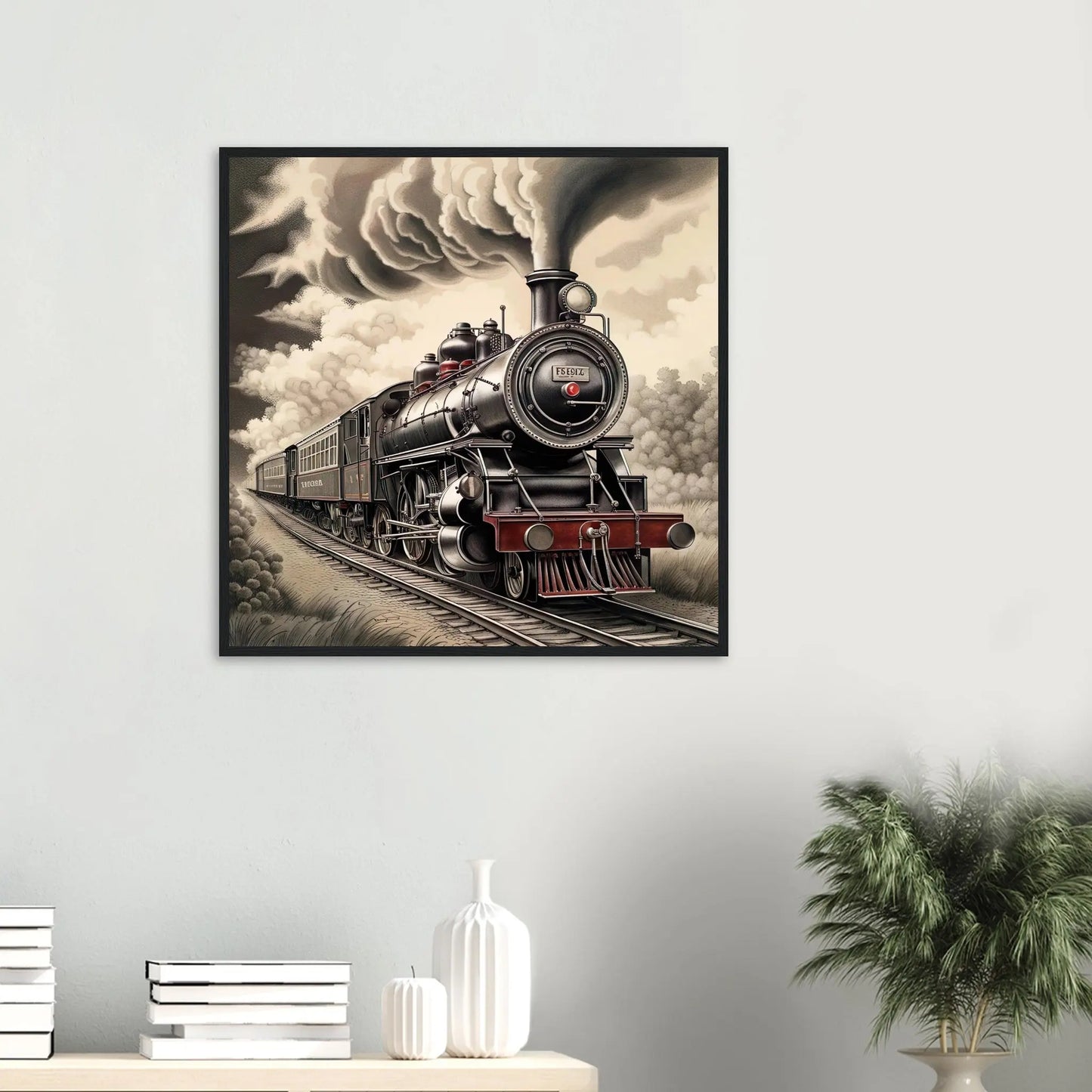 Gerahmtes Premium-Poster - Dampflokomotive - Schwarz-Weiß, KI-Kunst - RolConArt, Schwarz-Weiß mit Akzentfarben,