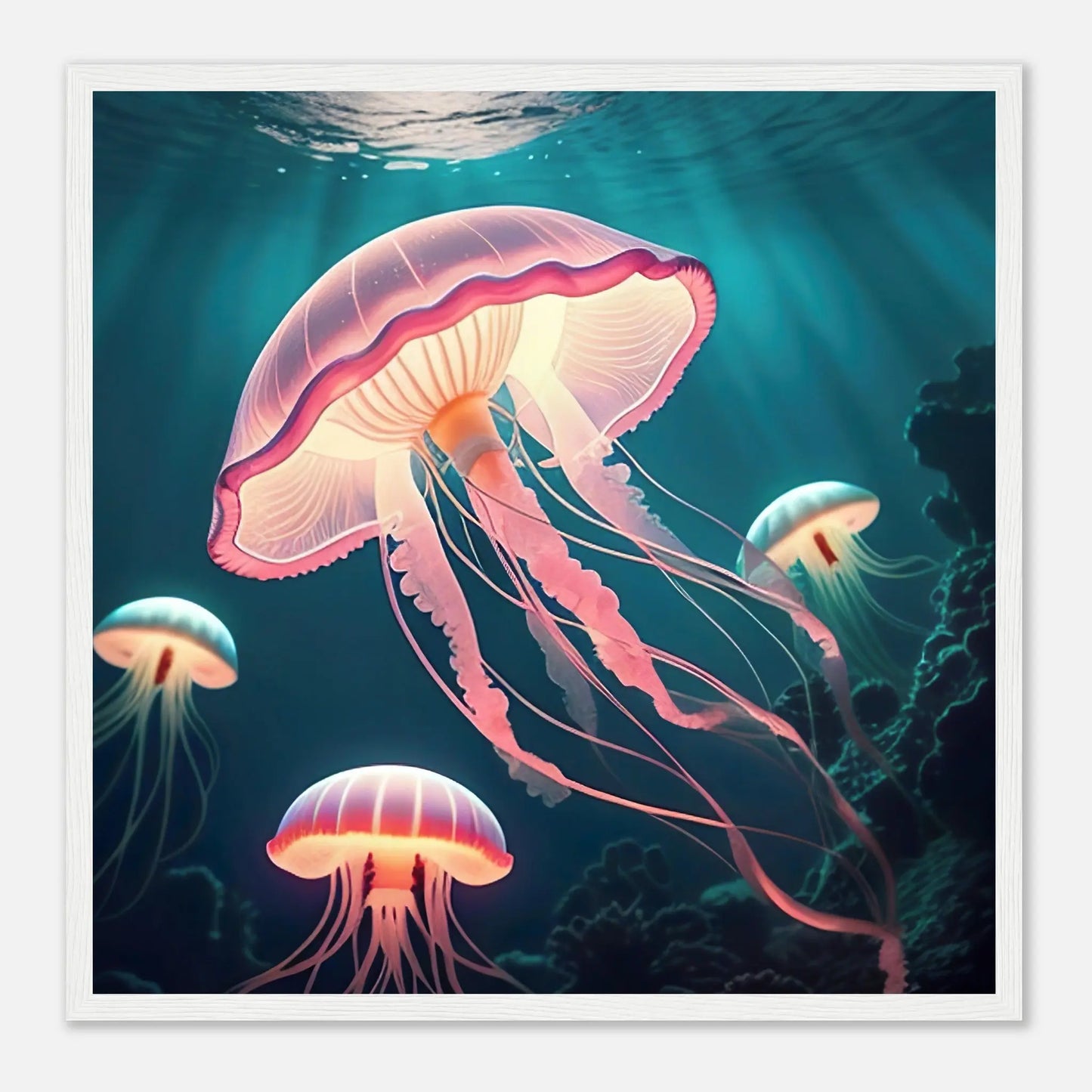 Gerahmtes Premium-Poster - Quallen - Digitaler Stil, KI-Kunst - RolConArt, Unterwasserlandschaften, 50x50-cm-20x20-Weißer-Rahmen