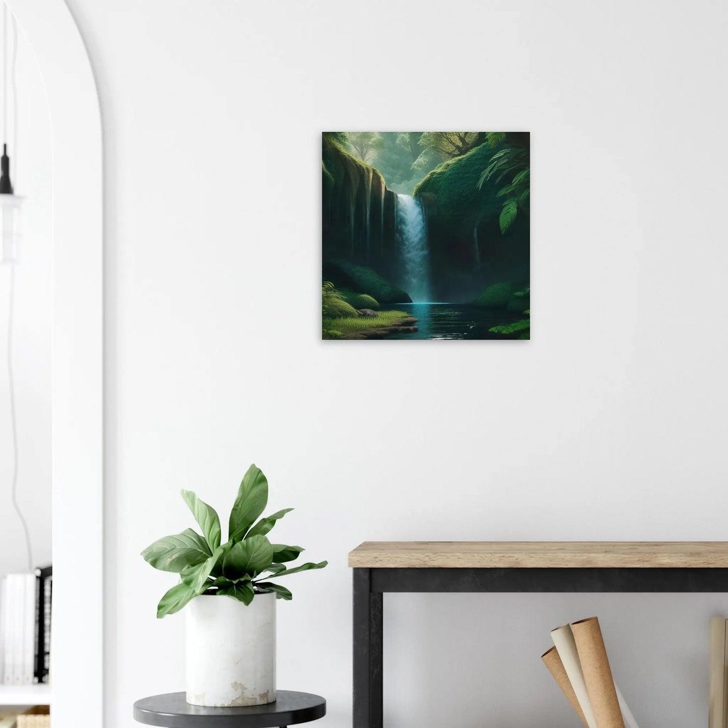 Moderner Forex-Druck - Wasserfall im Wald - Foto Stil, KI-Kunst - RolConArt, Landschaften, 50x50-cm-20x20-Weiß