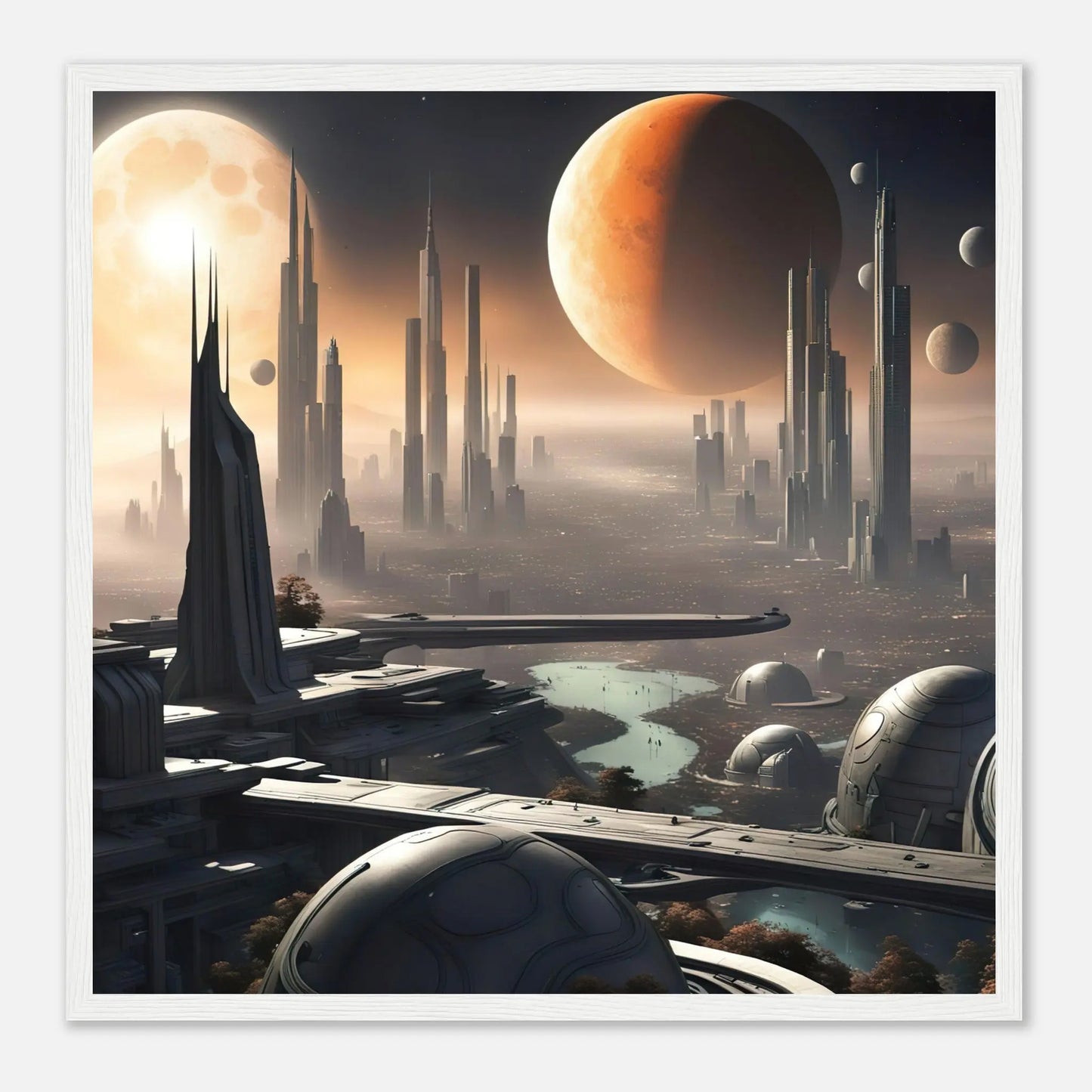 Gerahmtes Premium-Poster -Futuristische Welt- Digitaler Stil, KI-Kunst - RolConArt, Sci-Fi, 50x50-cm-20x20-Weißer-Rahmen