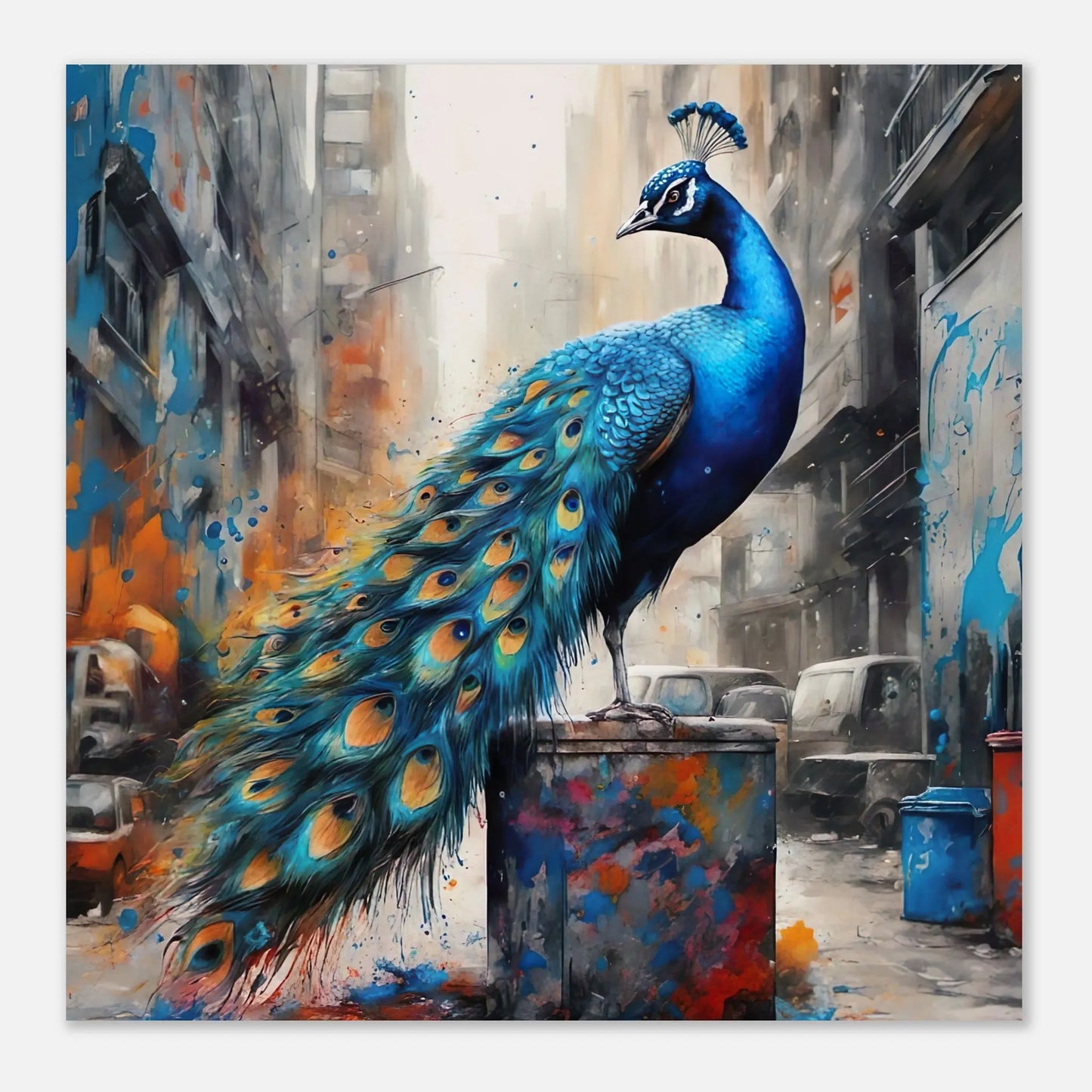 Aluminiumdruck - Blauer Pfau - Splash Art Stil, KI-Kunst RolConArt