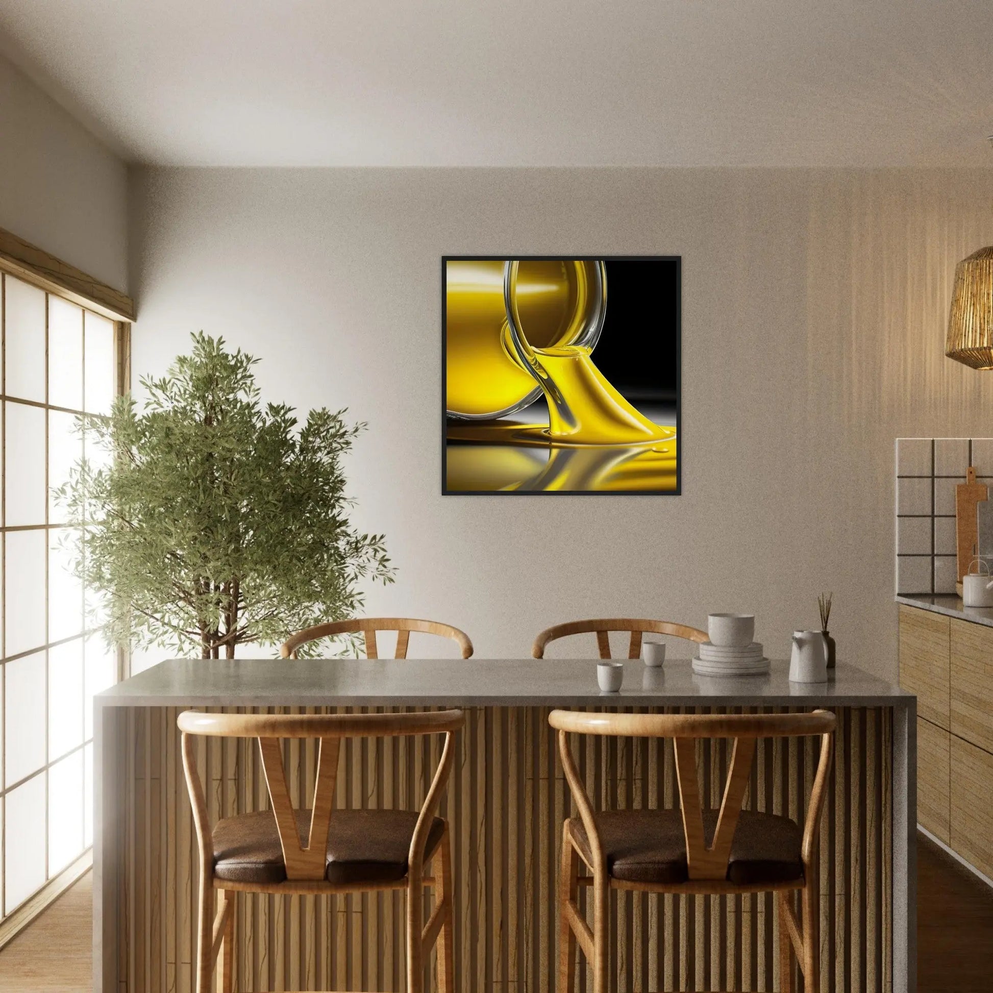 Gerahmtes Premium-Poster - Gelbe Flüssigkeit - Foto Stil, KI-Kunst - RolConArt, Kreative Vielfalt,