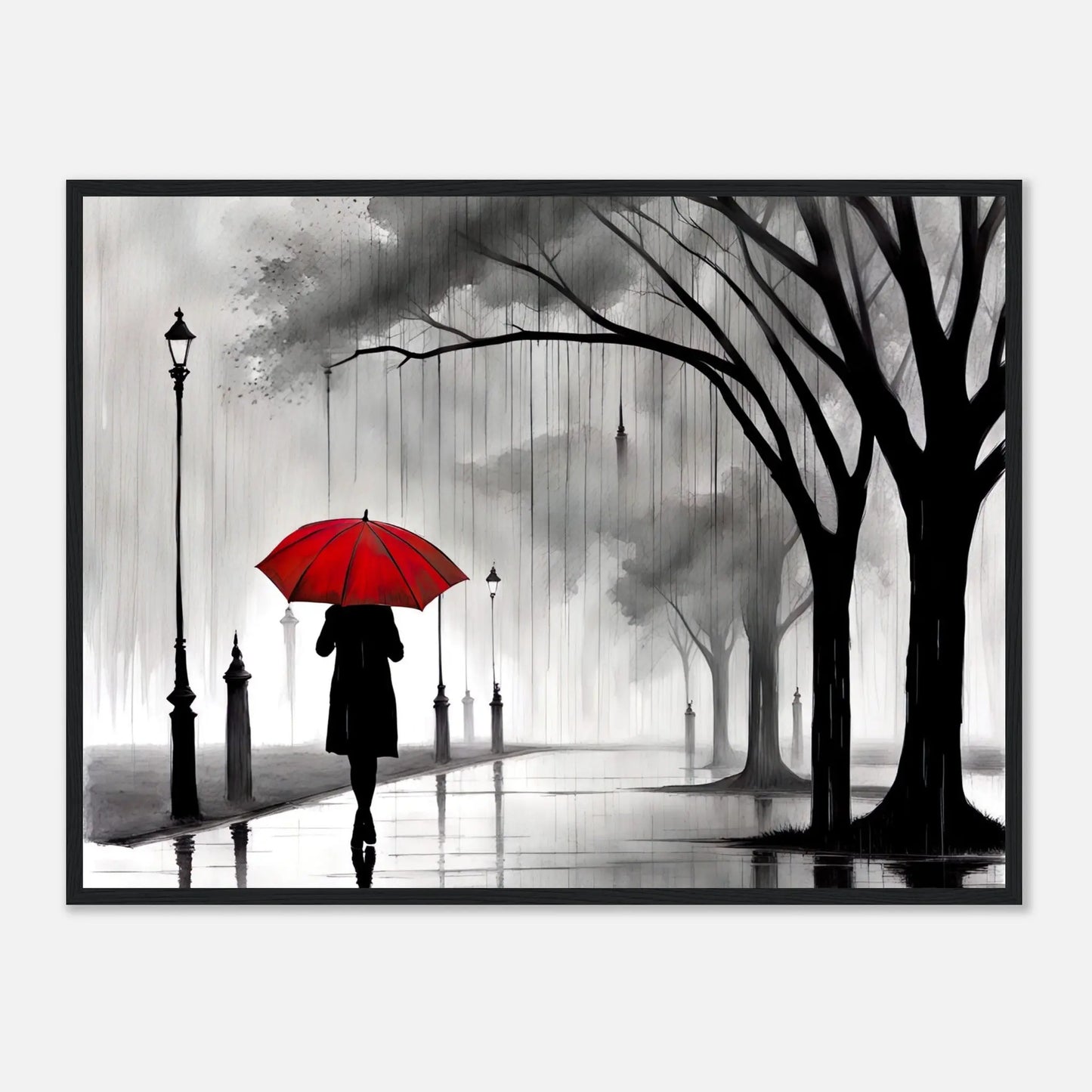 Gerahmtes Premium-Poster - Frau im Park - Schwarz-Weiß, KI-Kunst - RolConArt, Schwarz-Weiß mit Akzentfarben, 60x80-cm-24x32-Schwarzer-Rahmen