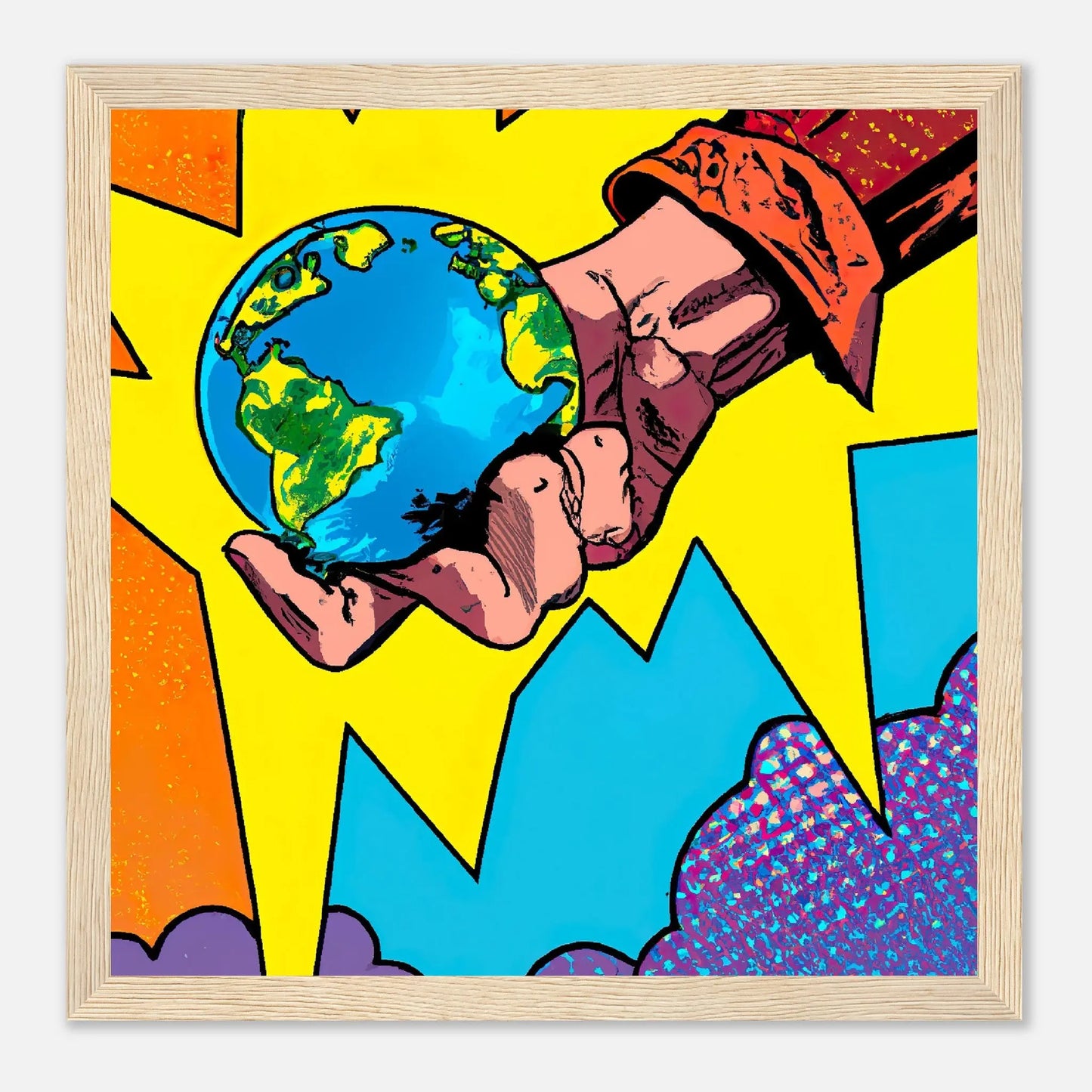 Gerahmtes Premium-Poster - Planet in der Hand - Cartoon Stil, KI-Kunst - RolConArt, Cartoon, 30x30-cm-12x12-Holz