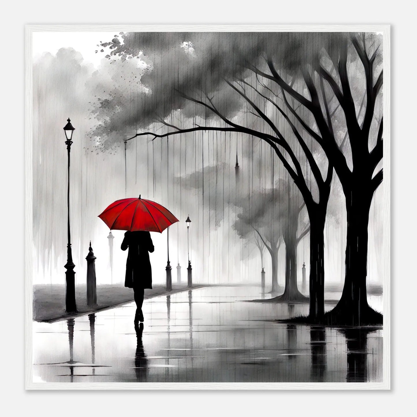 Gerahmtes Premium-Poster - Frau im Park - Schwarz-Weiß, KI-Kunst - RolConArt, Schwarz-Weiß mit Akzentfarben, 70x70-cm-28x28-Weißer-Rahmen