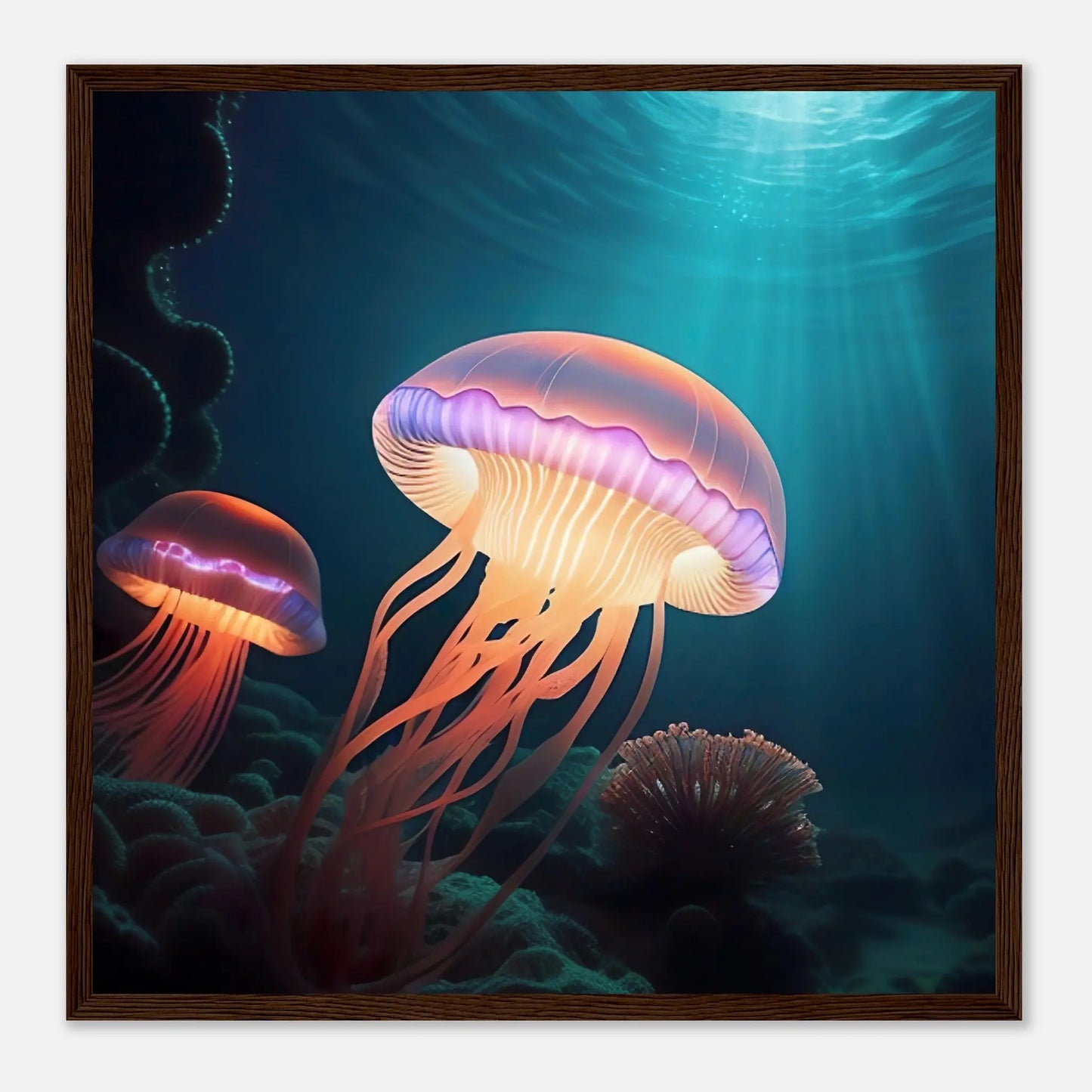 Gerahmtes Premium-Poster - Quallen - Digitaler Stil, KI-Kunst - RolConArt, Unterwasserlandschaften, 50x50-cm-20x20-Dunkler-Holzrahmen