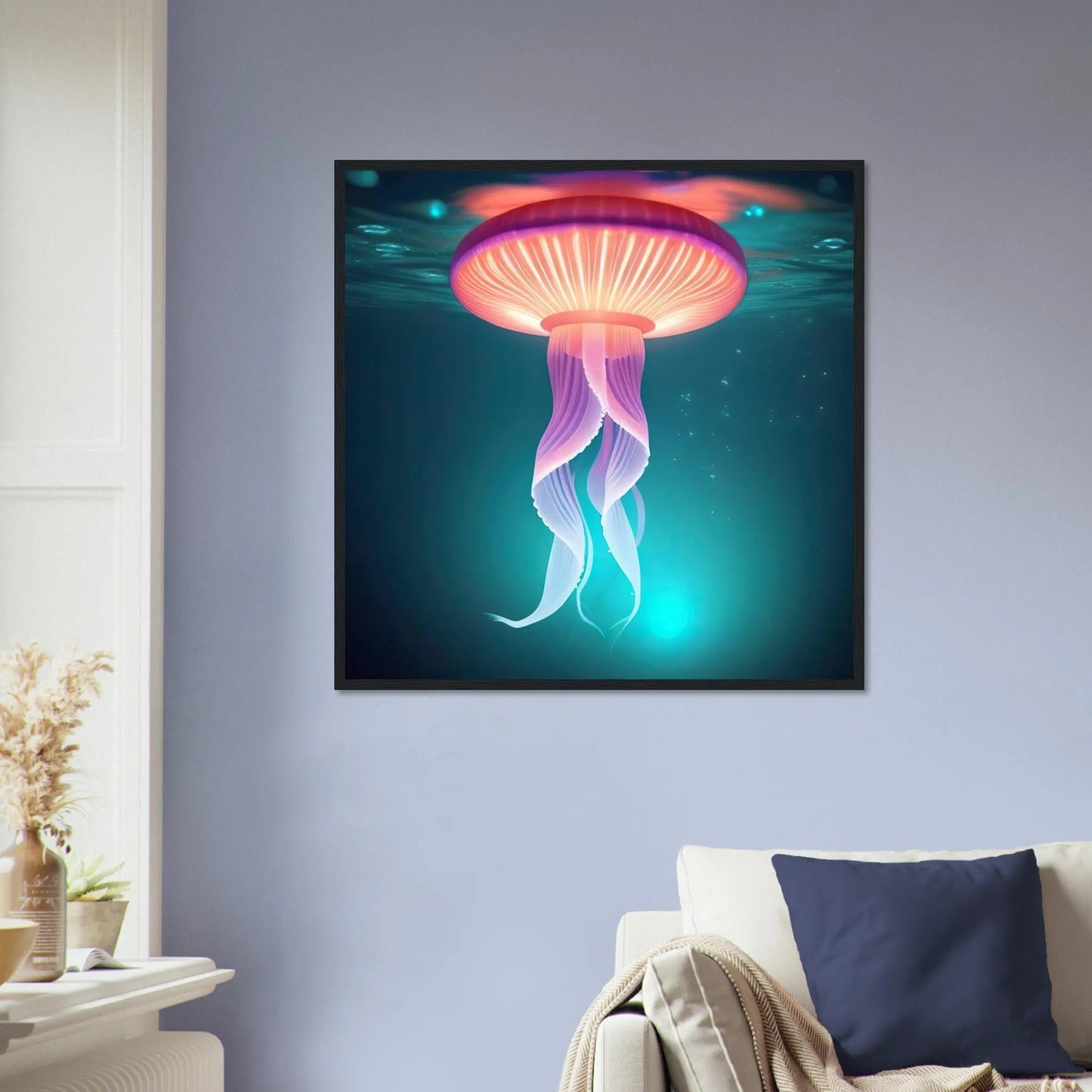 Gerahmtes Premium-Poster - Qualle - Digitaler Stil, KI-Kunst - RolConArt, Unterwasserlandschaften,