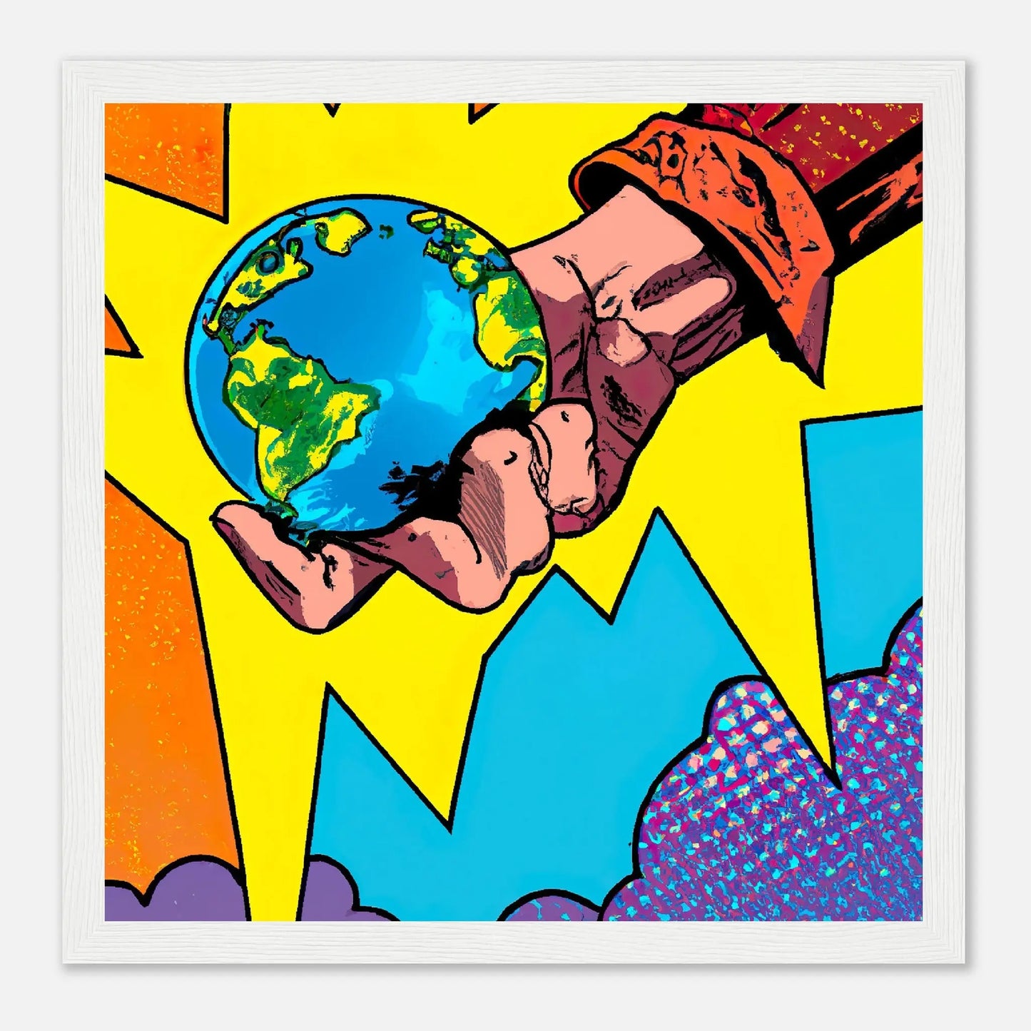 Gerahmtes Premium-Poster - Planet in der Hand - Cartoon Stil, KI-Kunst - RolConArt, Cartoon, 30x30-cm-12x12-Weiß