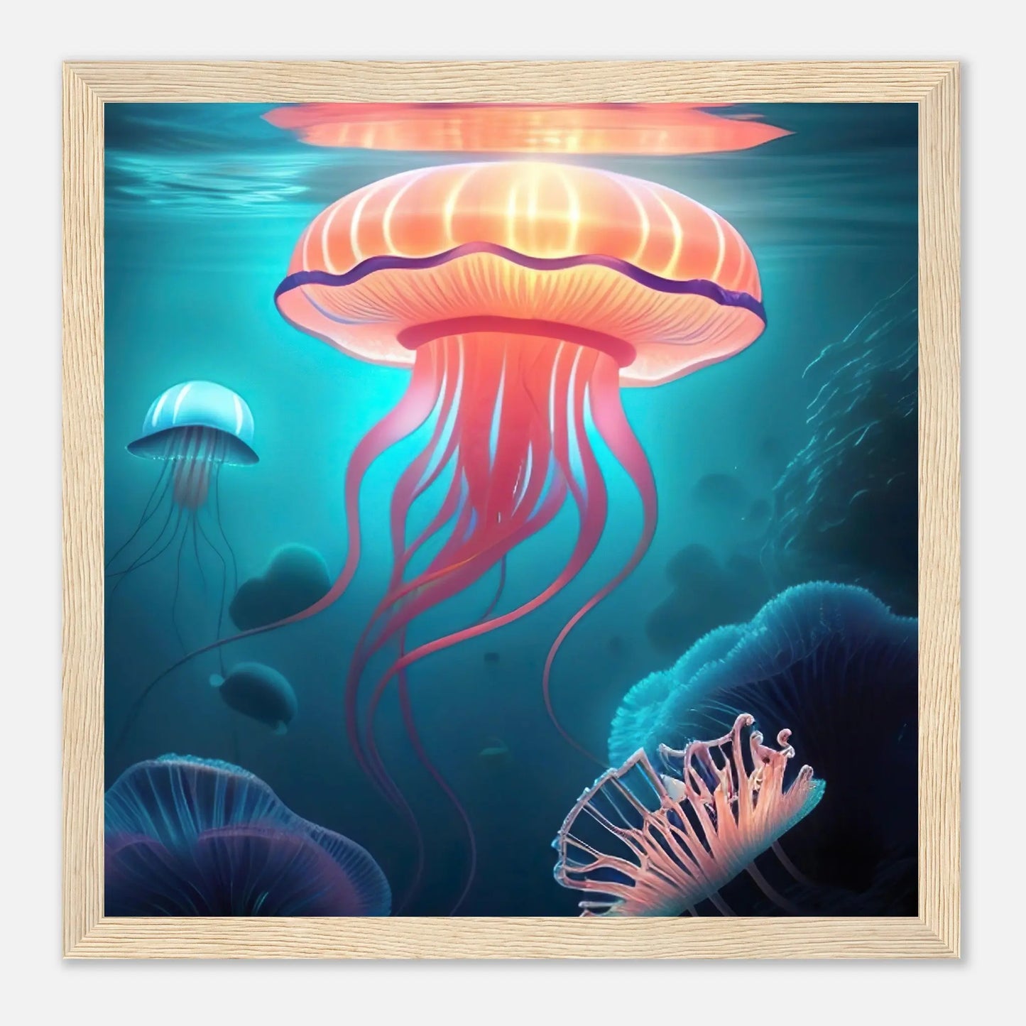 Gerahmtes Premium-Poster - Quallen - Digitaler Stil, KI-Kunst - RolConArt, Unterwasserlandschaften, 30x30-cm-12x12-Holzrahmen