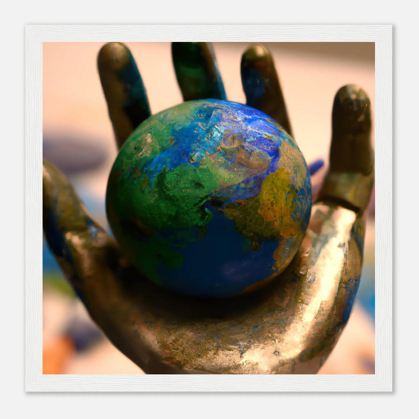 Gerahmtes Premium-Poster - Planet in der Hand - Foto Stil, KI-Kunst - RolConArt, Fotokunst - Kreative Vielfalt, 30x30-cm-12x12-Weiß