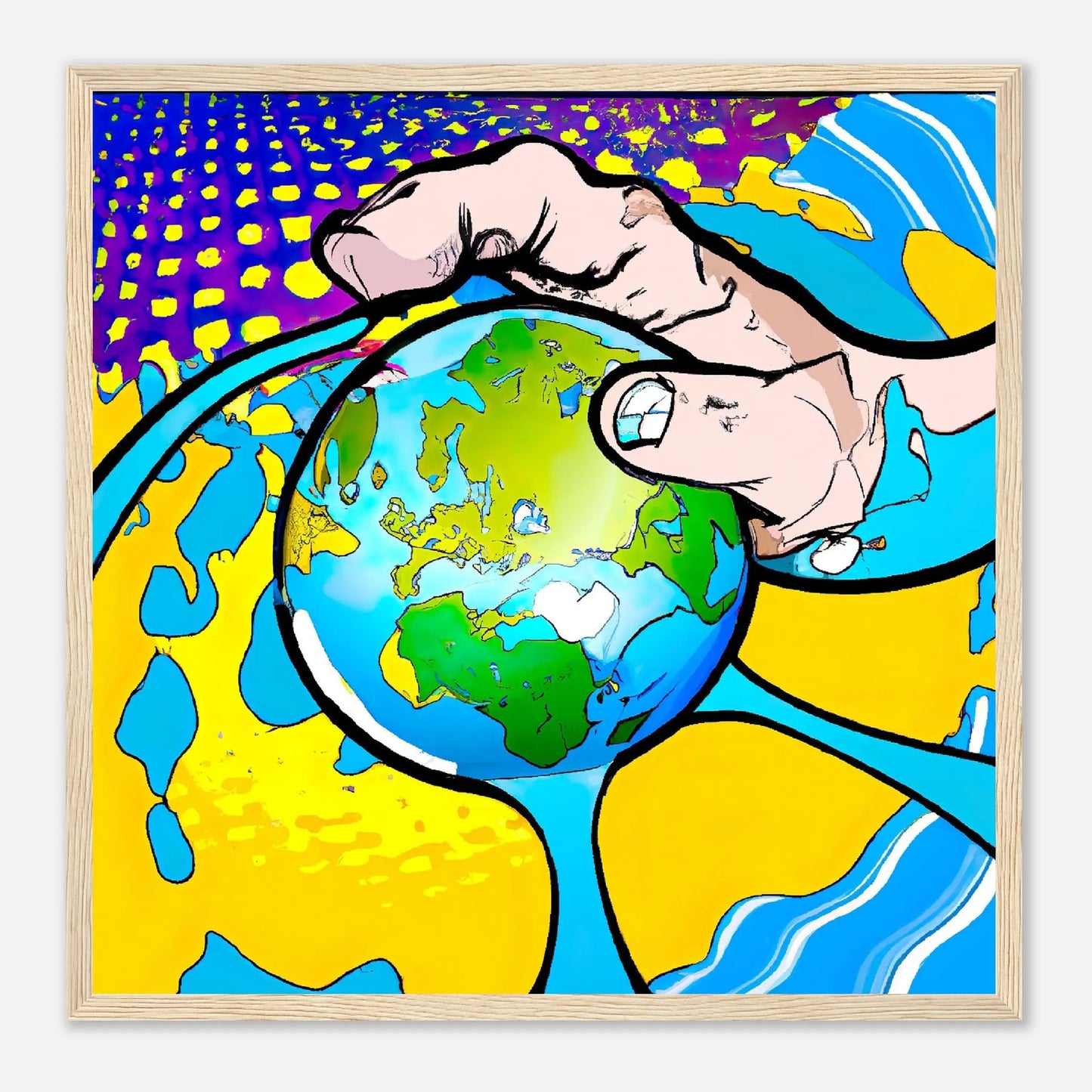 Gerahmtes Premium-Poster - Planet in der Hand - Cartoon Stil, KI-Kunst - RolConArt, Cartoon, 50x50-cm-20x20-Holz