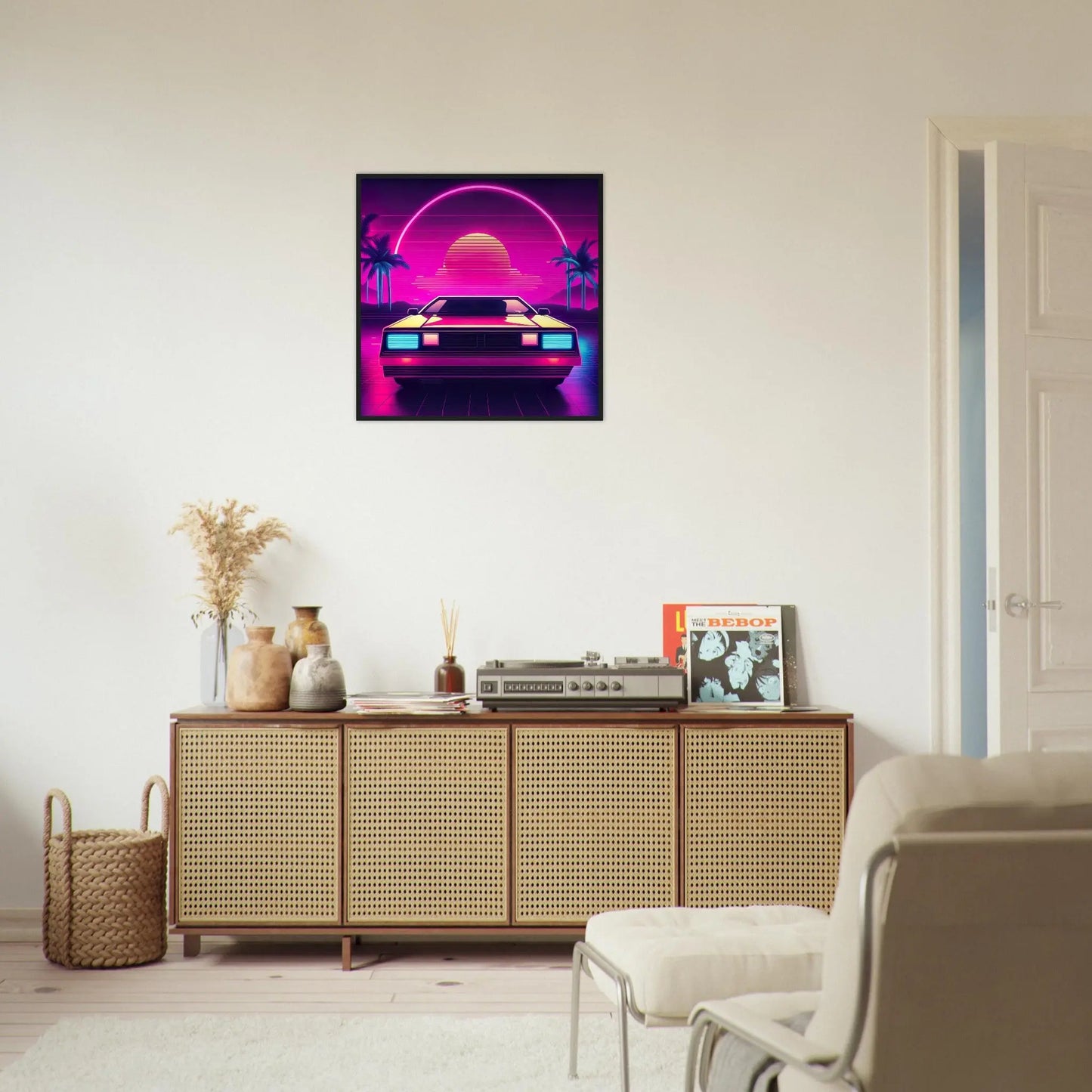 Gerahmtes Premium-Poster - Retro Auto - Neon Stil, KI-Kunst - RolConArt, Neon,