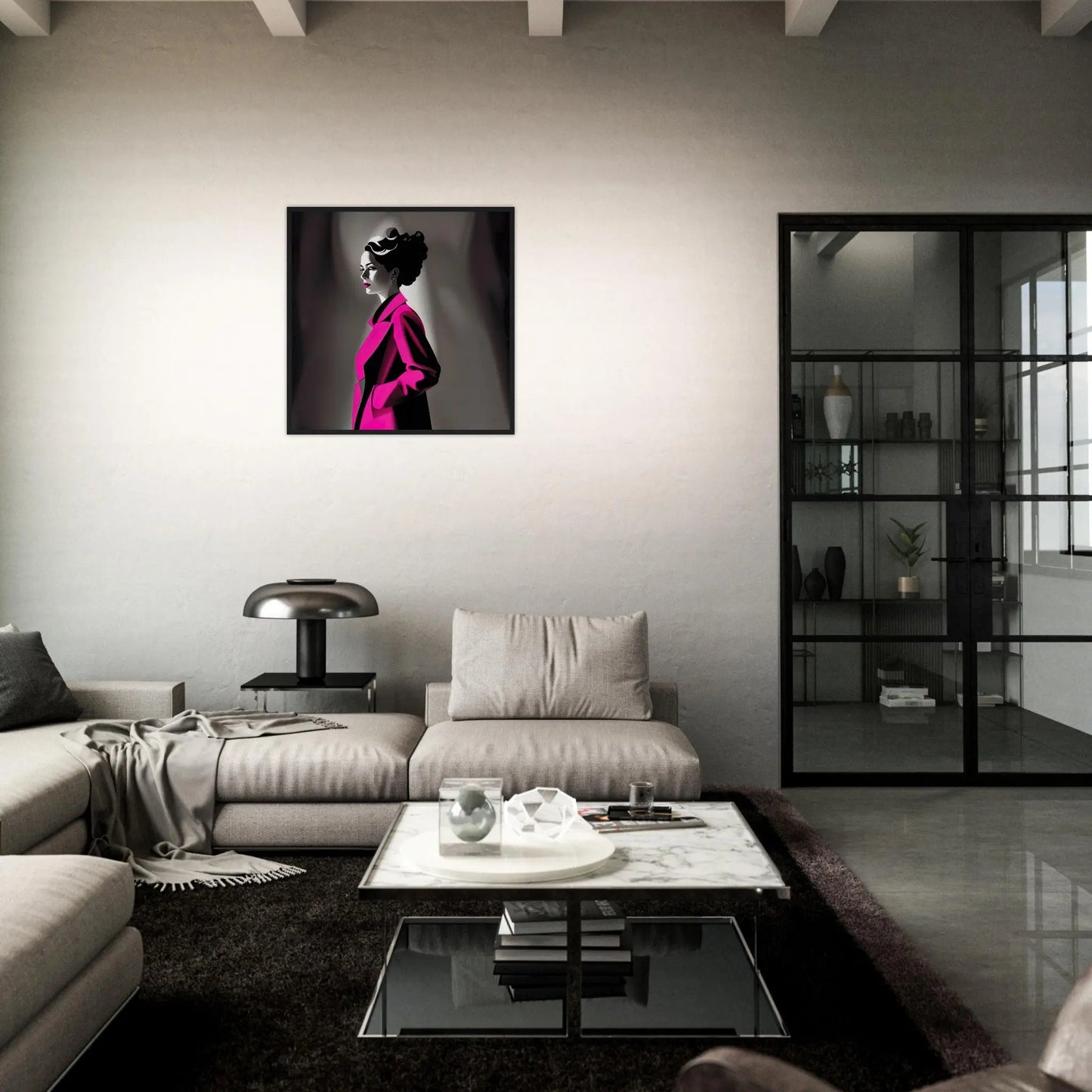 Gerahmtes Premium-Poster - Frau im rosa Mantel - Schwarz-Weiß, KI-Kunst - RolConArt, Schwarz-Weiß mit Akzentfarben,