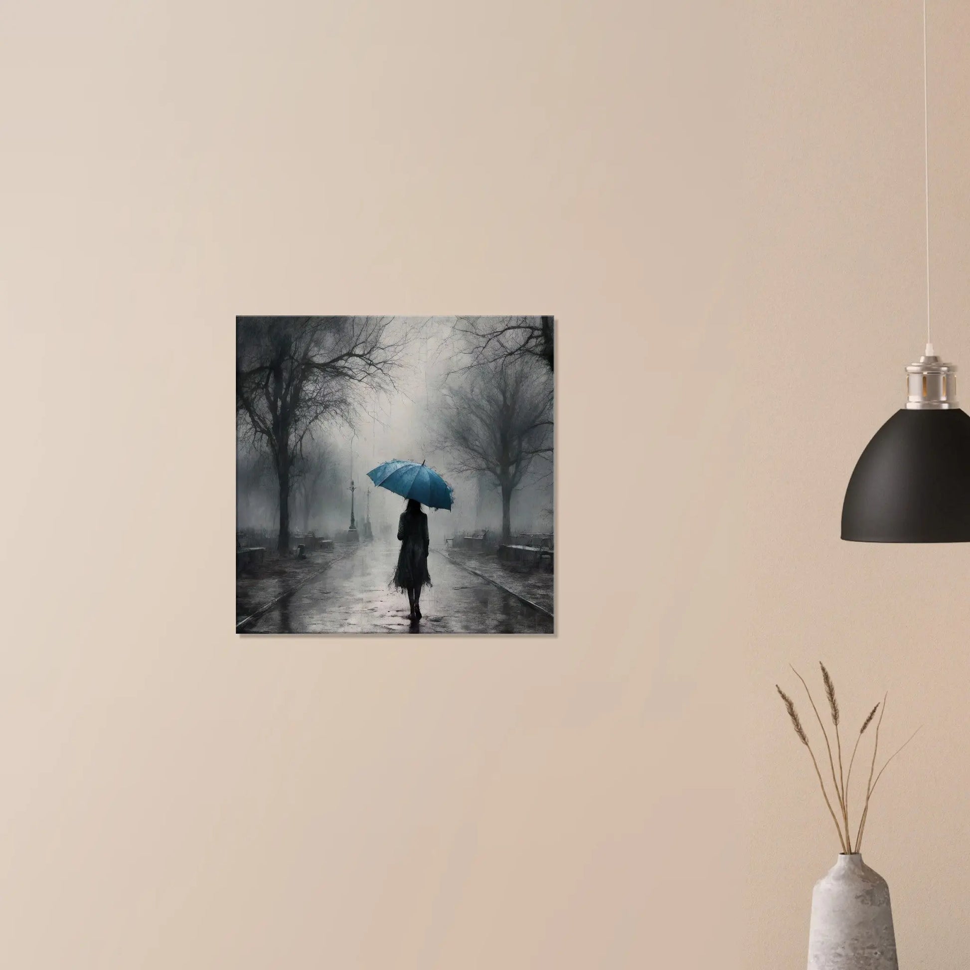 Leinwandbild -Frau mit einem blauen Regenschirm- Schwarz-Weiß, KI-Kunst - RolConArt, Schwarz-Weiß mit Akzentfarben,