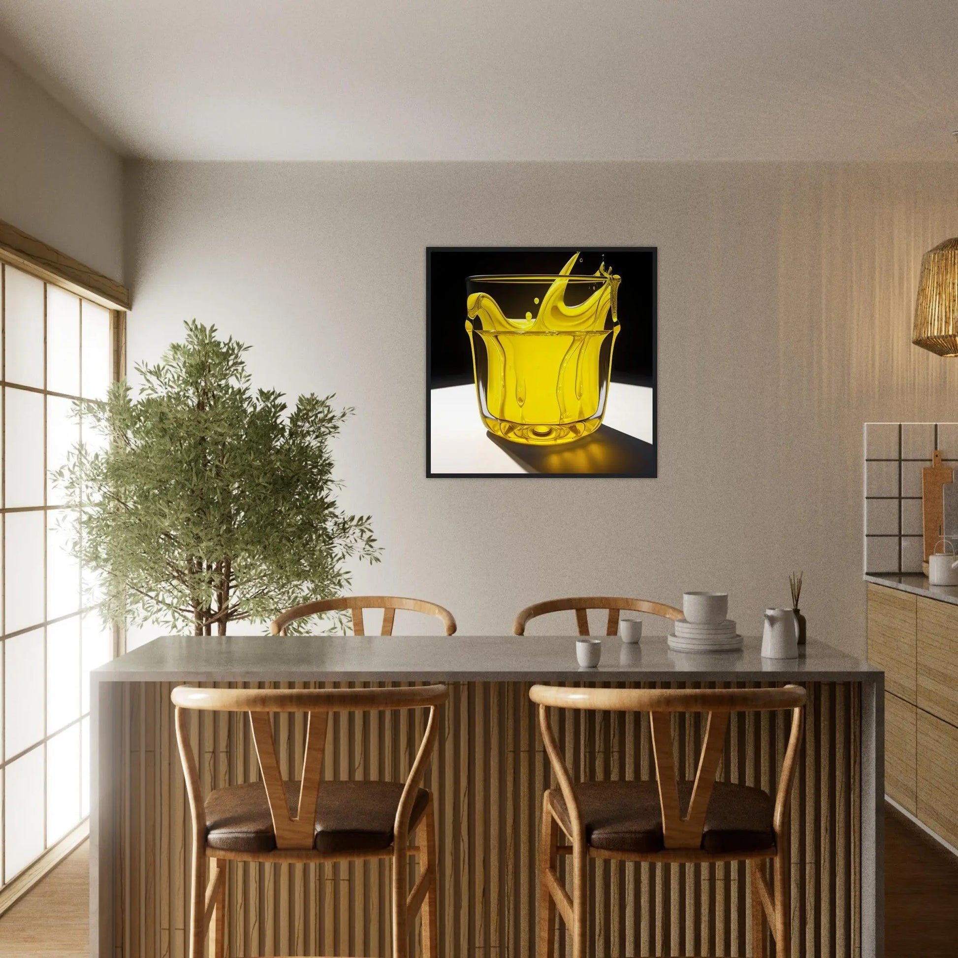 Gerahmtes Premium-Poster - Glas mit gelbem Trank - Foto Stil, KI-Kunst - RolConArt, Kreative Vielfalt,