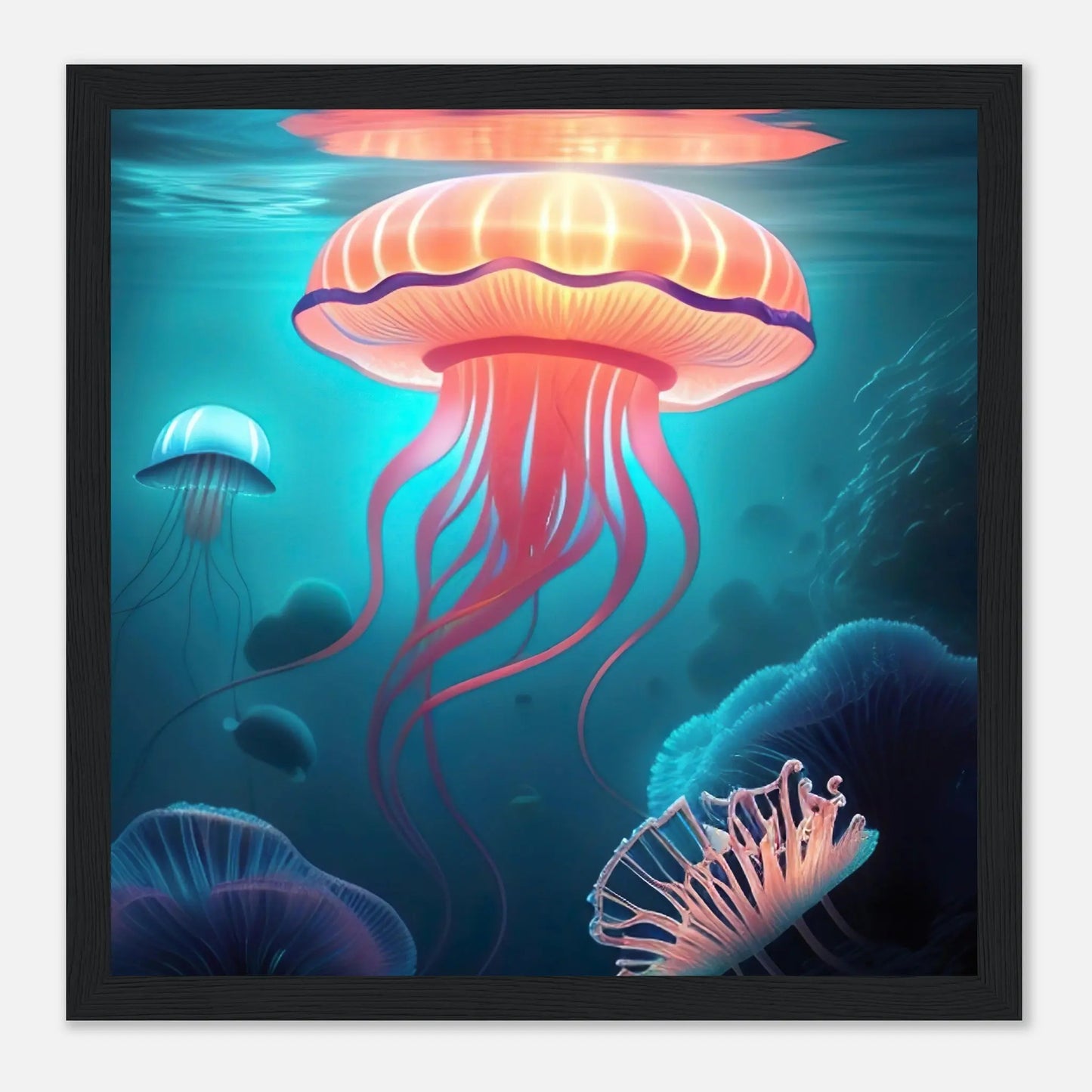 Gerahmtes Premium-Poster - Quallen - Digitaler Stil, KI-Kunst - RolConArt, Unterwasserlandschaften, 30x30-cm-12x12-Schwarzer-Rahmen
