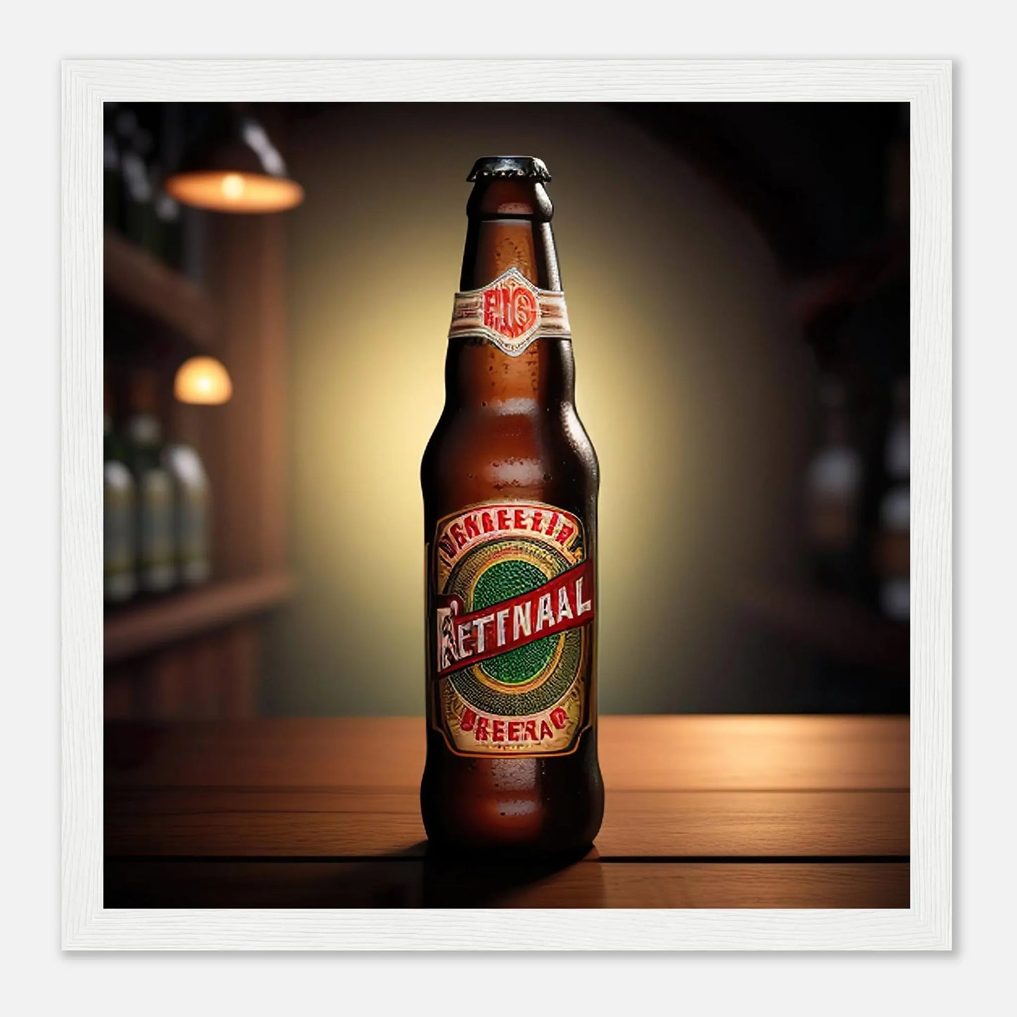 Gerahmtes Premium-Poster - Bierflasche - Foto Stil, KI-Kunst - RolConArt, Kreative Vielfalt, 30x30-cm-12x12-Weißer-Rahmen