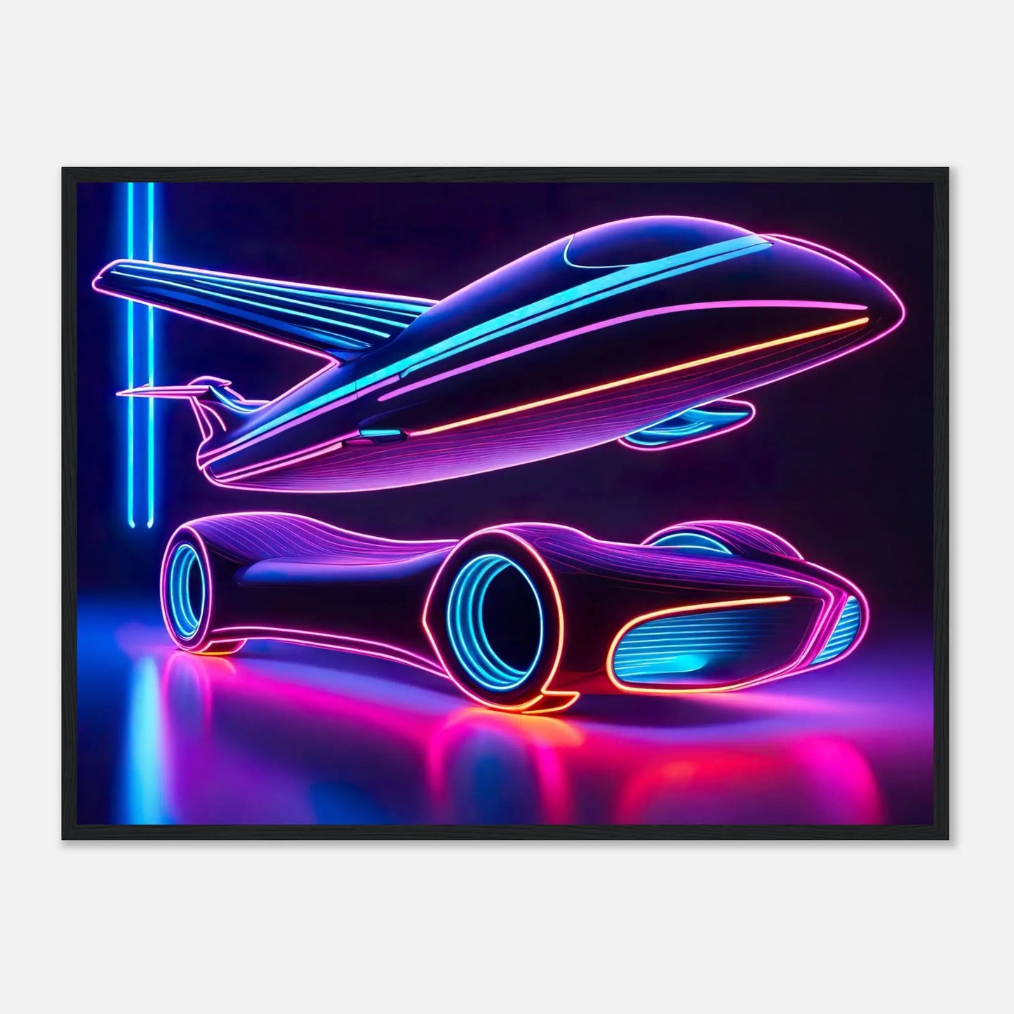 Gerahmtes Premium-Poster -Futuristisches Fahrzeug- Neon Stil, KI-Kunst - RolConArt, Neon, 60x80-cm-24x32-Schwarzer-Rahmen