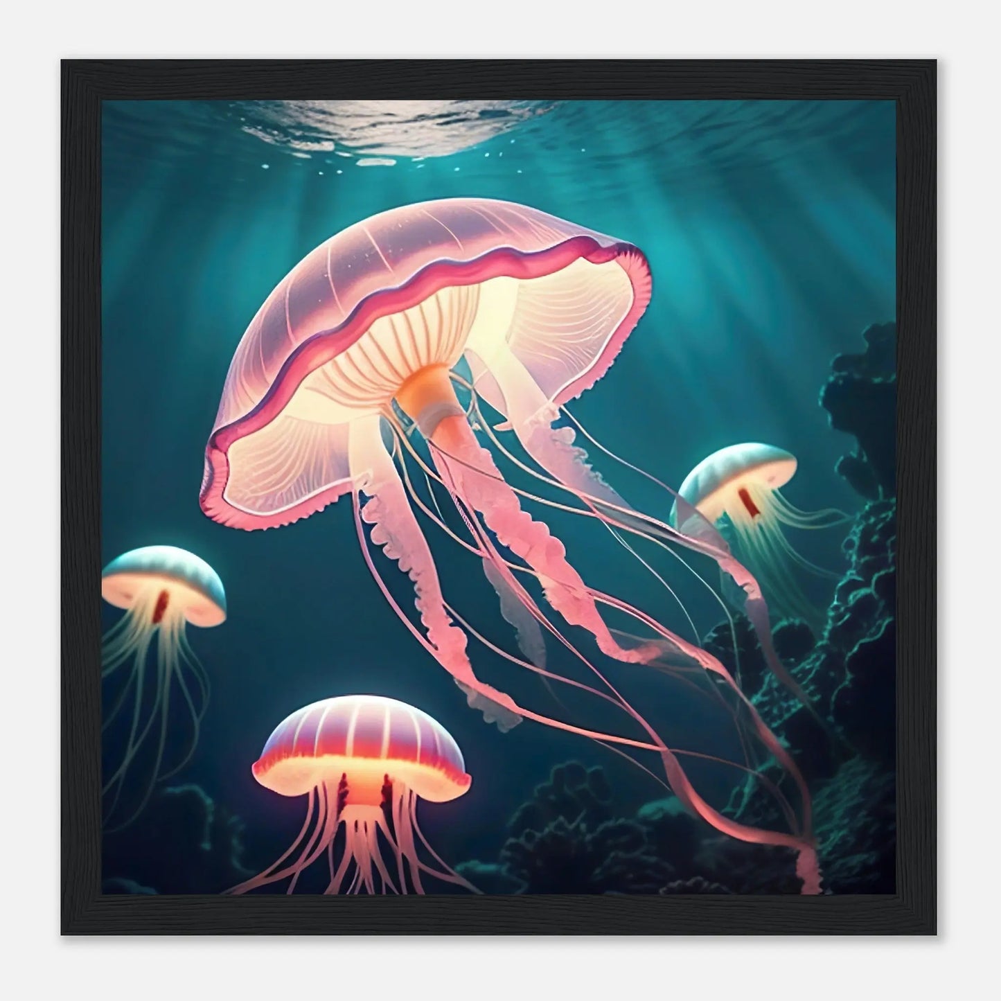 Gerahmtes Premium-Poster - Quallen - Digitaler Stil, KI-Kunst - RolConArt, Unterwasserlandschaften, 30x30-cm-12x12-Schwarzer-Rahmen