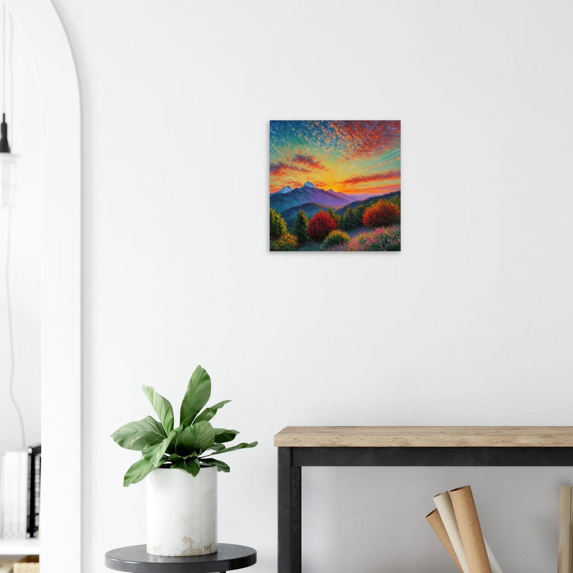 Moderner Forex-Druck - Bergpanorama - Malerischer Stil, KI-Kunst - RolConArt, Landschaften, 40x40-cm-16x16-Schwarz