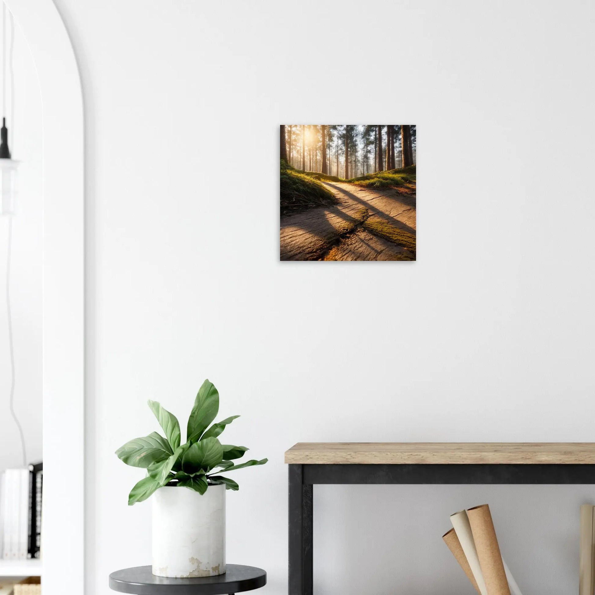 Moderner Forex-Druck - Holzweg im Wald - Foto Stil, KI-Kunst - RolConArt, Landschaften, 40x40-cm-16x16-Schwarz