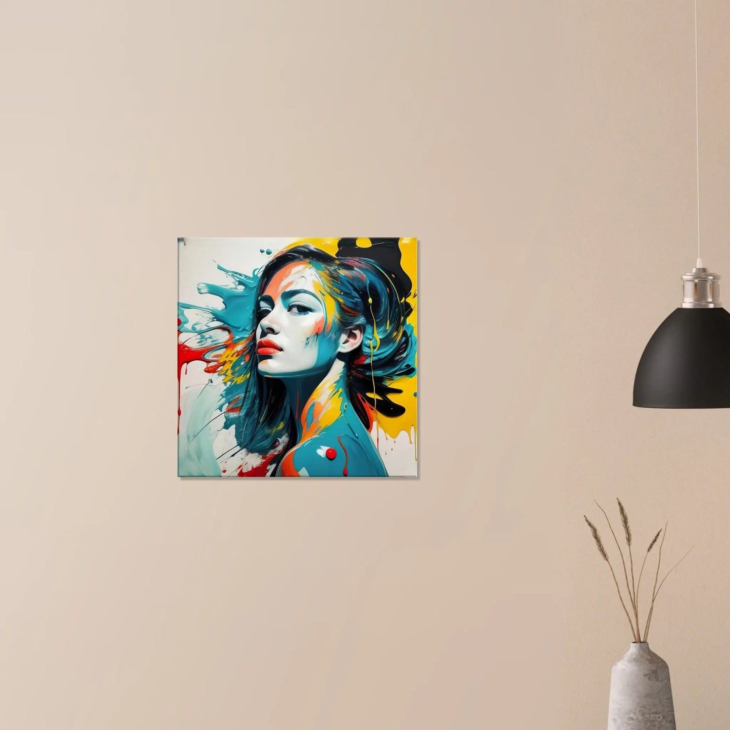 Leinwandbild - Frauenporträt im Splash Art Stil, KI-Kunst - RolConArt, Splash Art - Porträts,