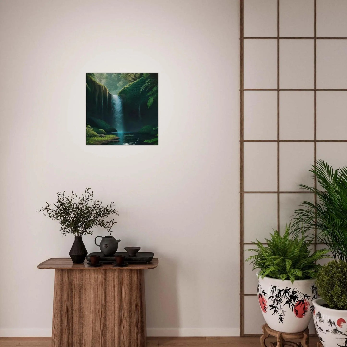 Moderner Forex-Druck - Wasserfall im Wald - Foto Stil, KI-Kunst - RolConArt, Landschaften,